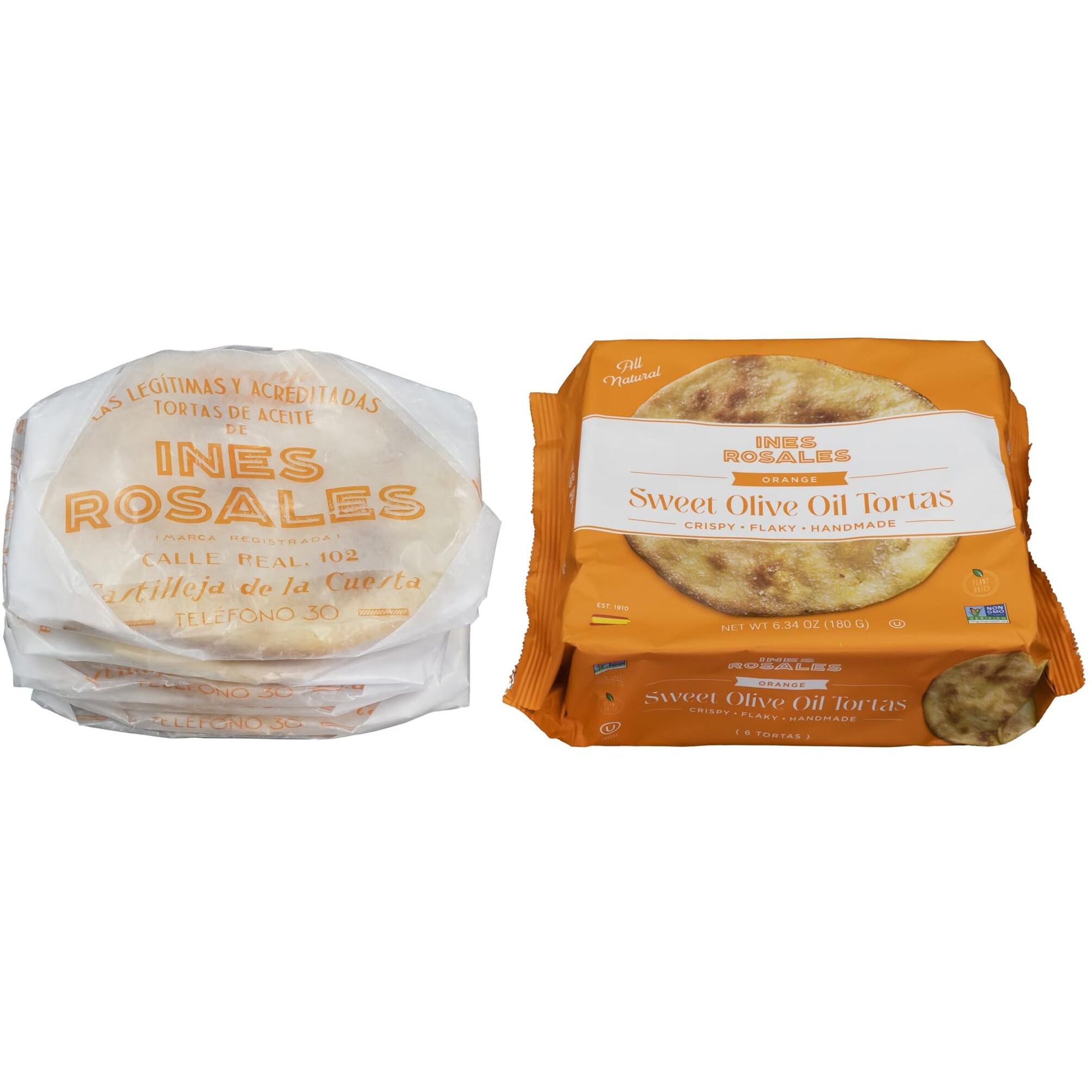 Ines Rosales Seville Orange Sweet Olive Oil Tortas (Pack Of 2) (Tortas Con Naranja Sevillana) 6.34 Oz (180 G) Pack, Contains Six Fine Mediterranean Crisps (Tortas) Individually Wrapped