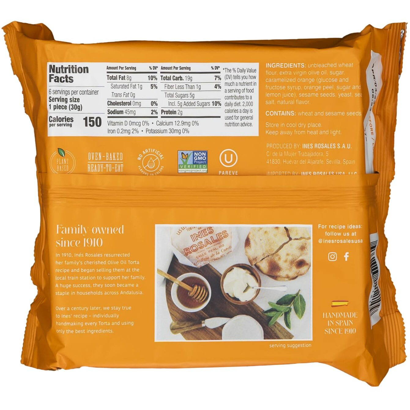 Ines Rosales Seville Orange Sweet Olive Oil Tortas (Pack Of 2) (Tortas Con Naranja Sevillana) 6.34 Oz (180 G) Pack, Contains Six Fine Mediterranean Crisps (Tortas) Individually Wrapped