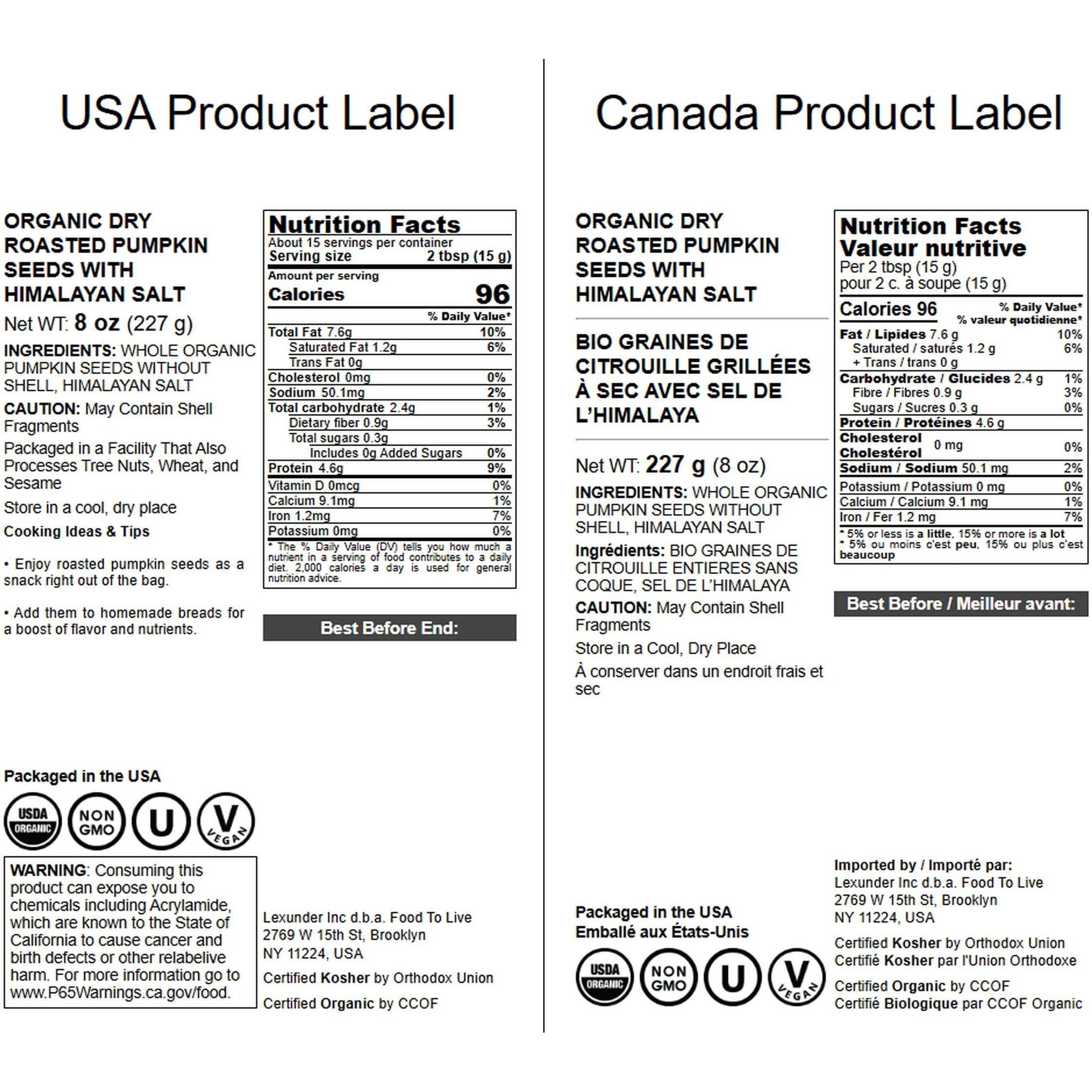 Food To Live Organic Dry Roasted Pumpkin Seed Kernels With Himalayan Salt, 8 Ounces Non-Gmo, Oven Roasted Whole Pepitas, No Oil Added, Shelled, Vegan, Kosher, Bulk