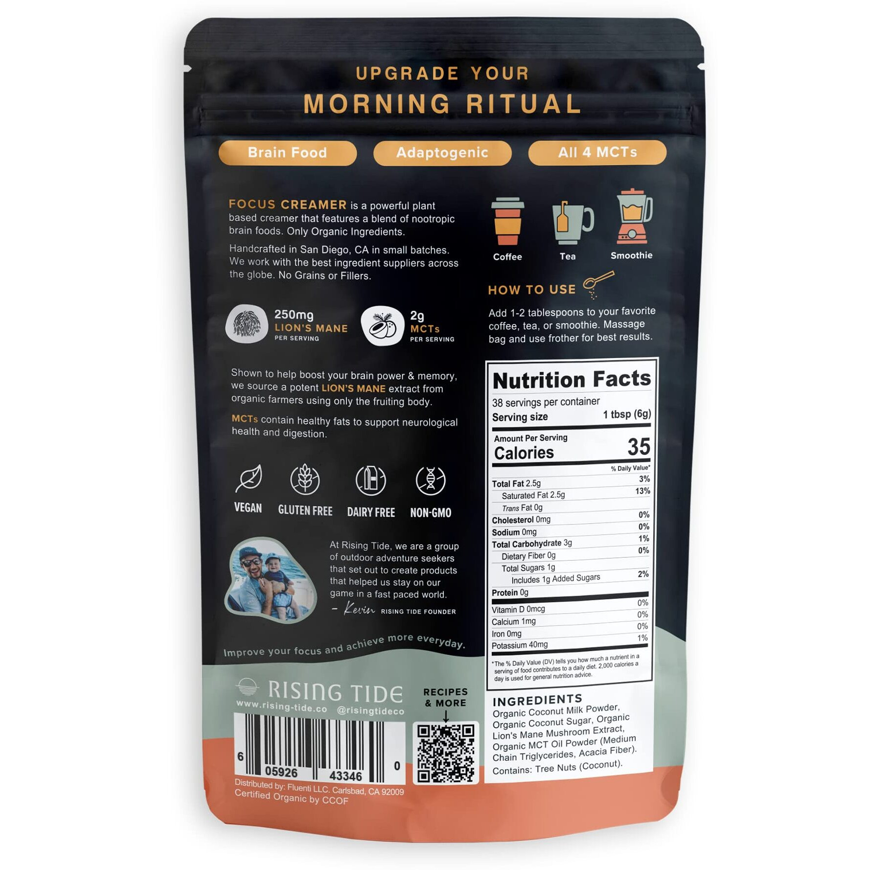 Rising Tide Organic Mushroom Superfood Creamer - Coconut Milk Powder, Lions Mane Mushrooms, Mct Oil - Non Dairy Cream Alternative For Coffee - Plant Based And Keto Friendly (38 Servings)
