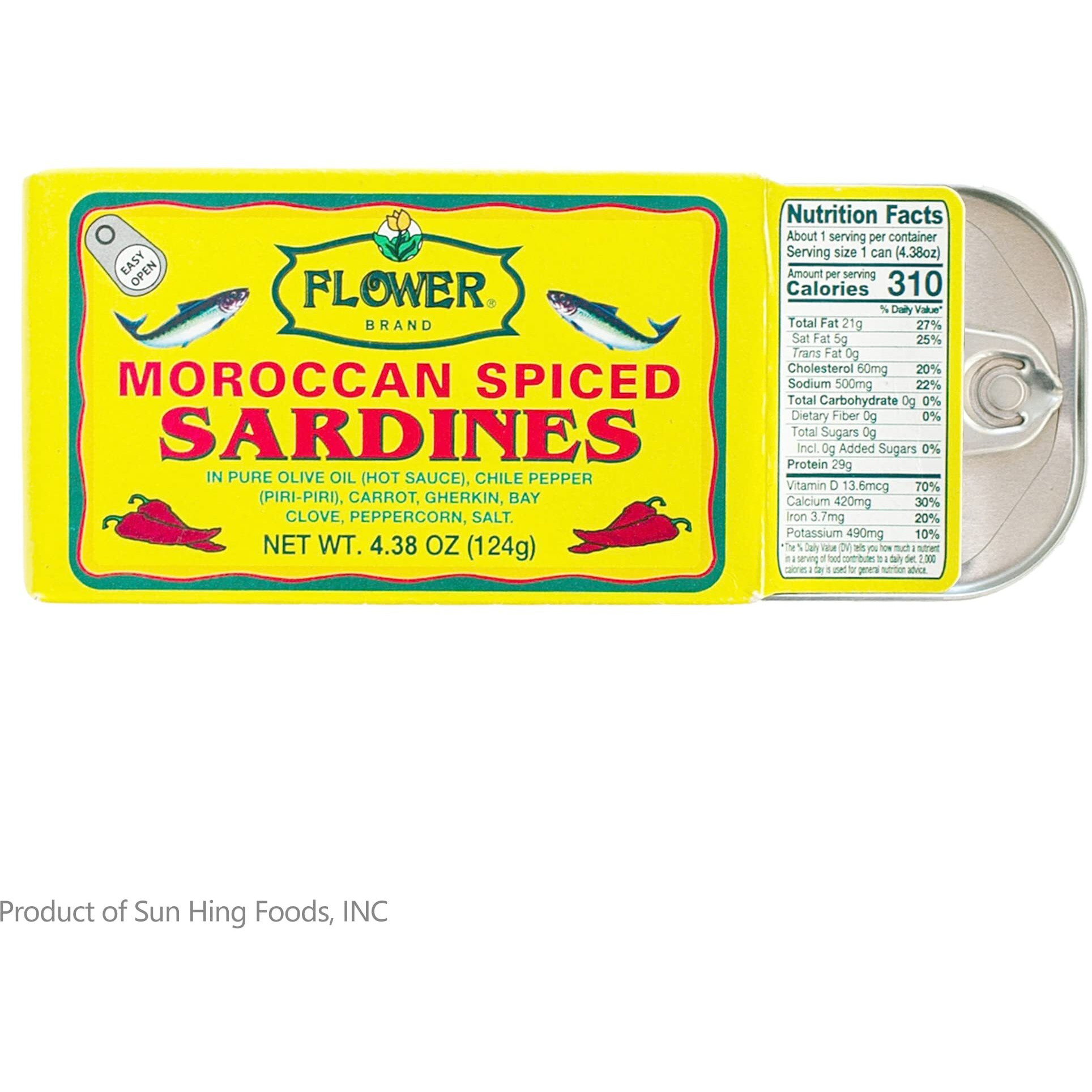 Flower Brand Spiced Sardines (Olive Oil) 4.38 Oz, Wild-Caught From Morocco, High Protein, Keto&Gluten Free Food, Keto Snacks, Canned Food Bulk Sardines In Oil (Pack Of 5)