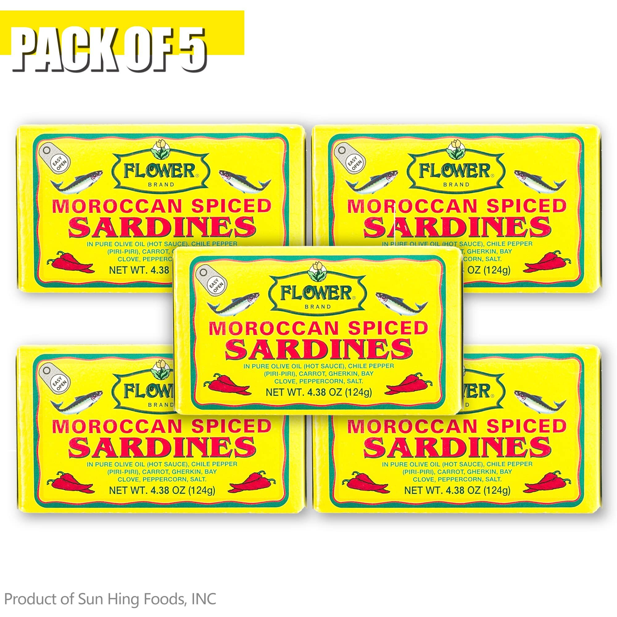 Flower Brand Spiced Sardines (Olive Oil) 4.38 Oz, Wild-Caught From Morocco, High Protein, Keto&Gluten Free Food, Keto Snacks, Canned Food Bulk Sardines In Oil (Pack Of 5)