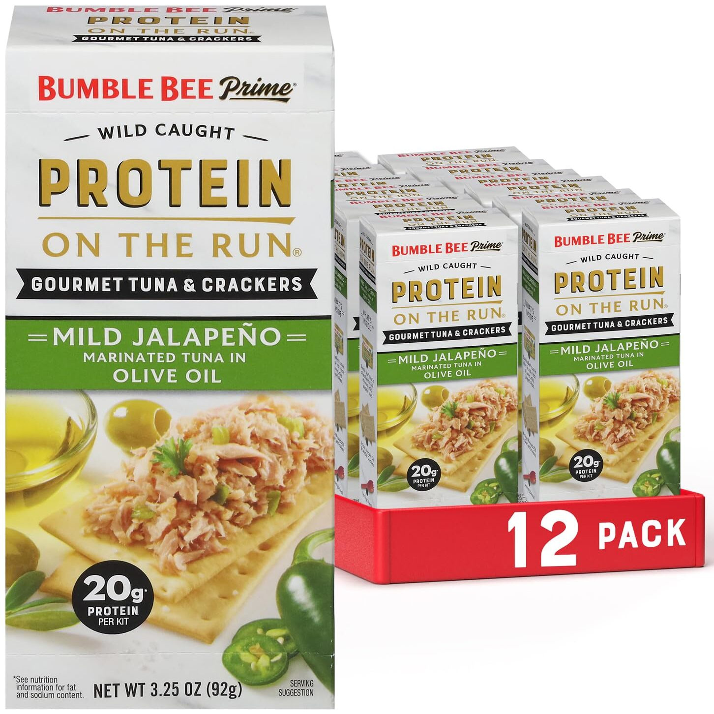 Bumble Bee Prime Protein On The Run Tuna Snack Kit, Pack Of 12 - Gourmet Tuna Marinated In Olive Oil & Mild Jalapeno With Crackers And Serving Utensil - 20G Of Protein Per Serving
