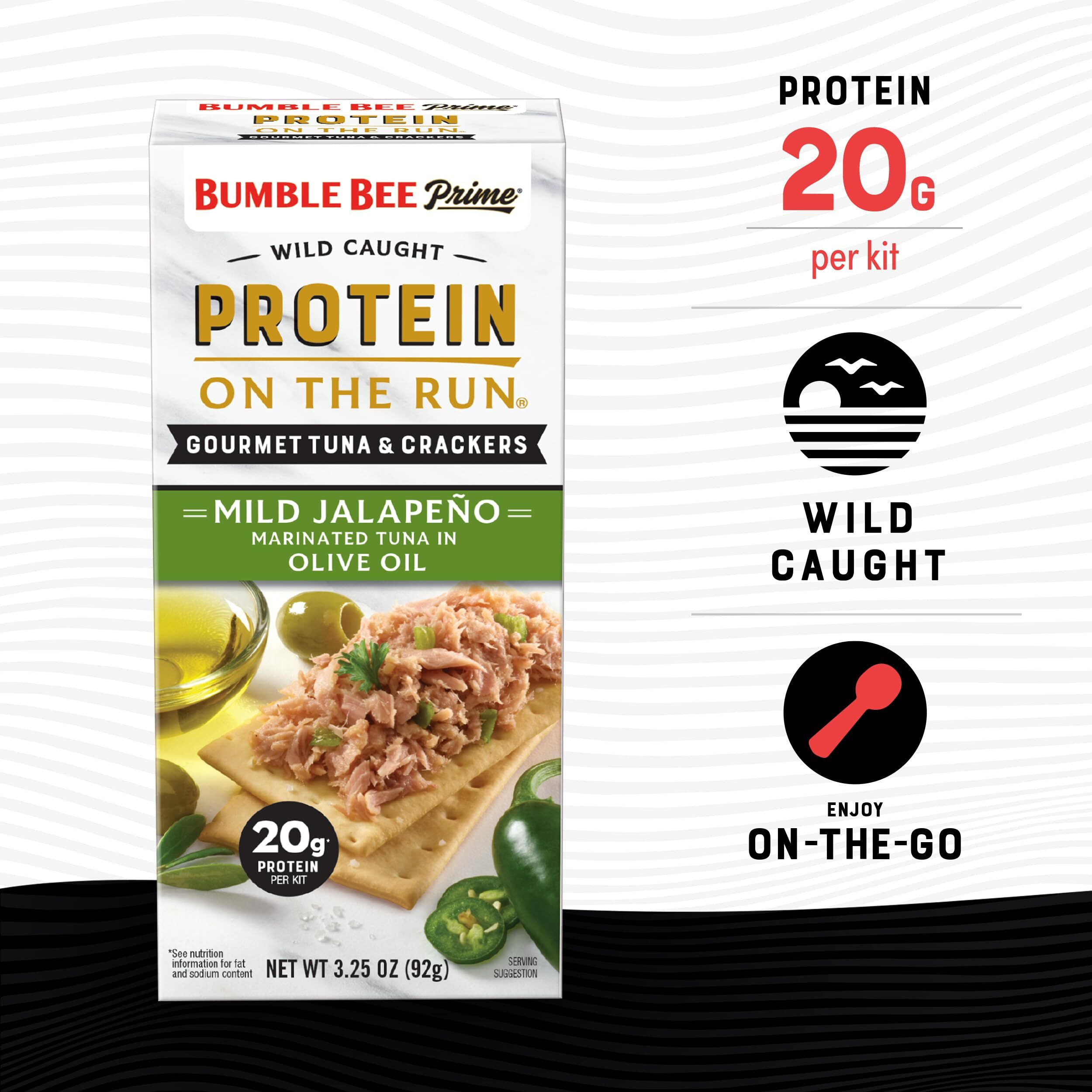 Bumble Bee Prime Protein On The Run Tuna Snack Kit, Pack Of 12 - Gourmet Tuna Marinated In Olive Oil & Mild Jalapeno With Crackers And Serving Utensil - 20G Of Protein Per Serving