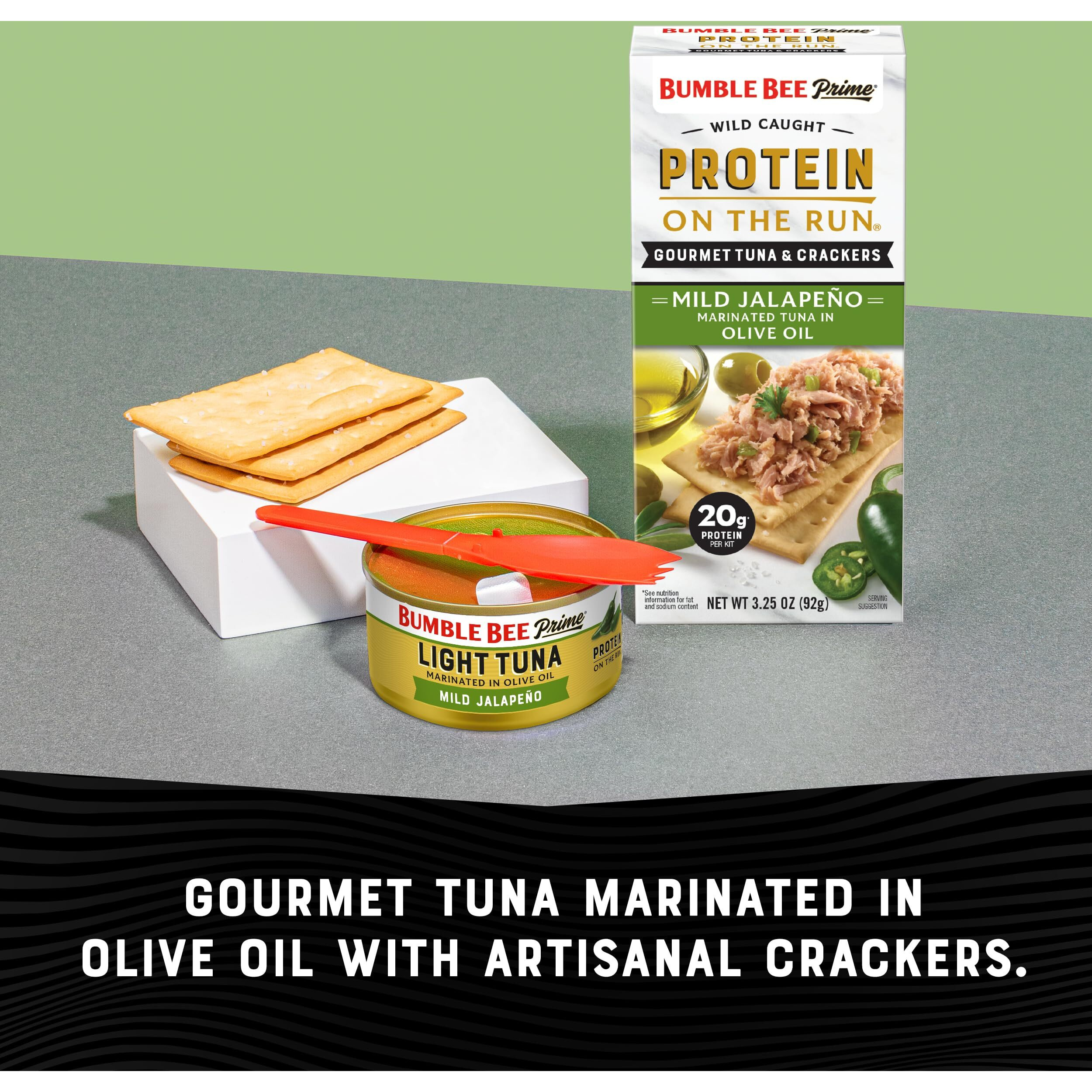 Bumble Bee Prime Protein On The Run Tuna Snack Kit, Pack Of 12 - Gourmet Tuna Marinated In Olive Oil & Mild Jalapeno With Crackers And Serving Utensil - 20G Of Protein Per Serving