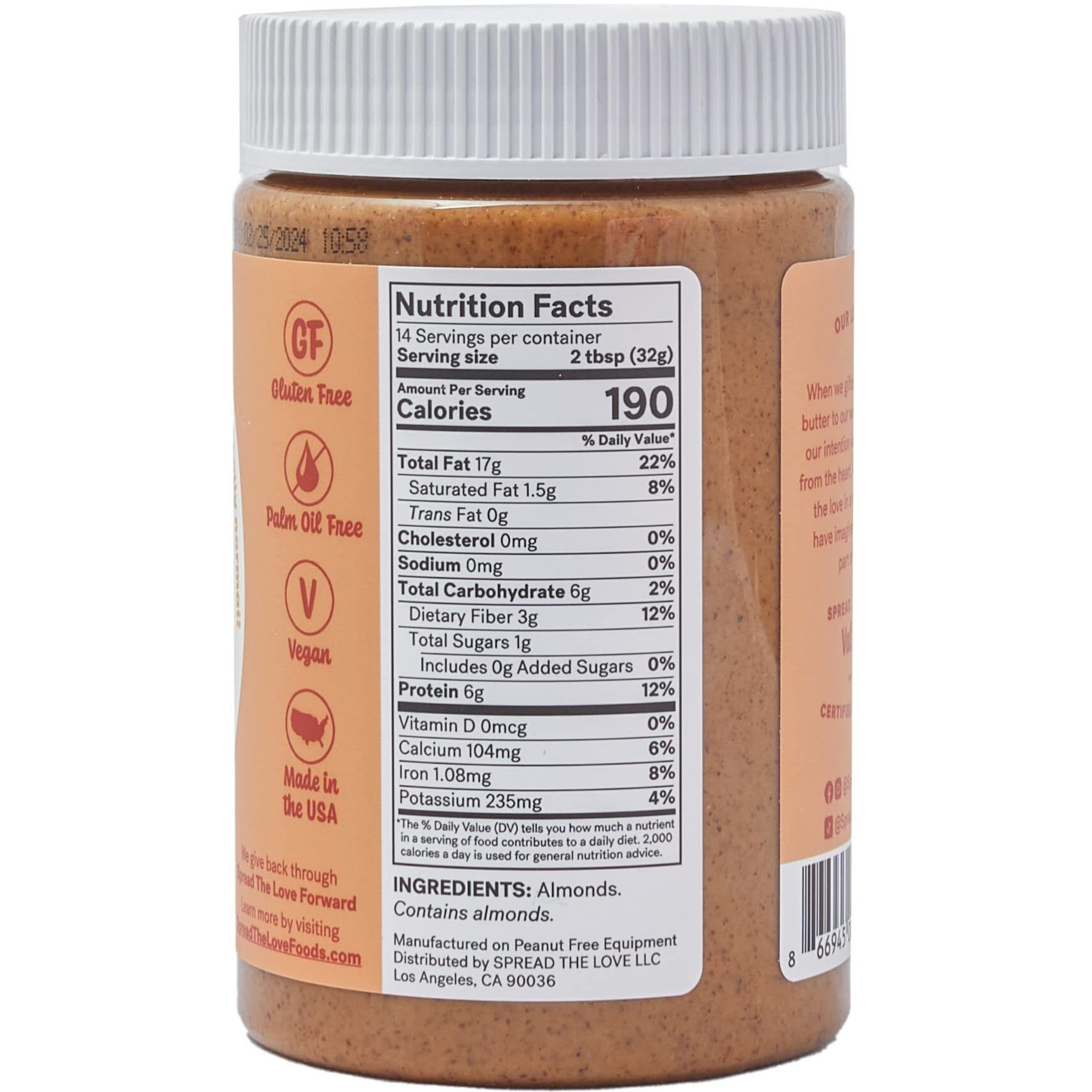 Spread The Love Unsalted Almond Butter, 16 Ounce (All Natural, Vegan, Gluten-Free, Creamy, No Added Salt, No Added Sugar, No Palm Fruit Oil, Not Pasteurized With Ppo)