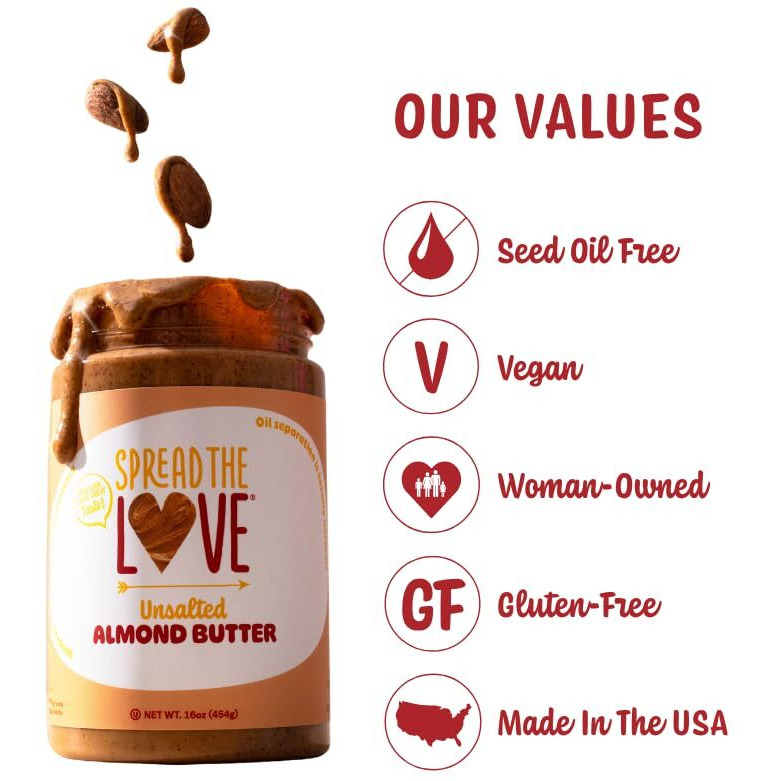 Spread The Love Unsalted Almond Butter, 16 Ounce (All Natural, Vegan, Gluten-Free, Creamy, No Added Salt, No Added Sugar, No Palm Fruit Oil, Not Pasteurized With Ppo)