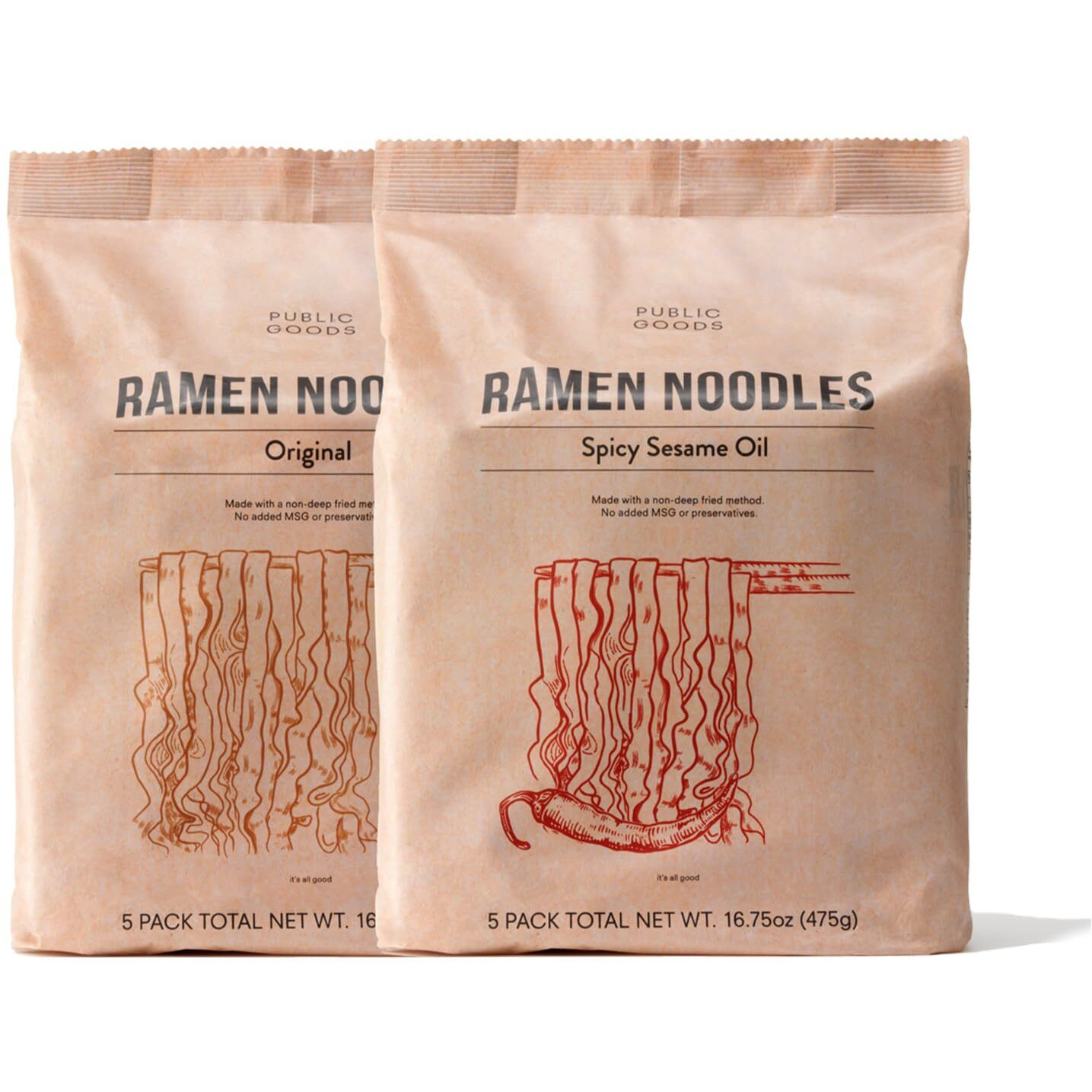 Public Goods Ramen Noodles | Brothless Vegan & Vegetarian Instant Ramen | Healthy, High Protein Asian Noodle | Preservative Free | No Added Msg | Original & Spicy Sesame Oil (10 Pack)
