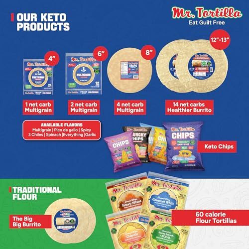 Mr. Tortilla Protein Keto Burrito Wraps - Restaurant Tortillas With Avocado Oil - 12"" Size - 17G Of Protein Per Serving - Keto Wraps - Low Carb Tortillas - (Healthier Burrito, 12 Count)