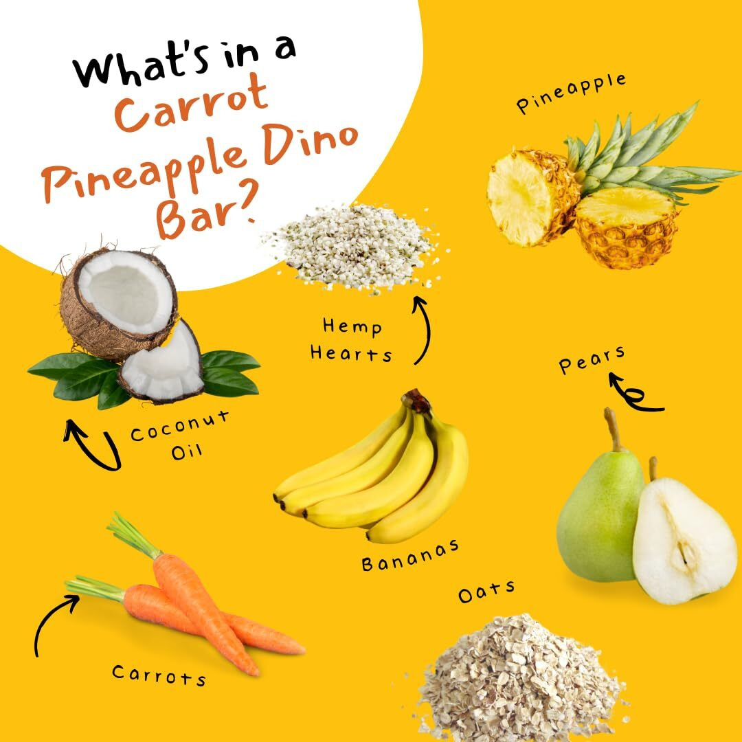 Dino Bars | Organic Fruit Bar For Kids | Organic Toddler Bars And Dinosaur Snacks | Fruit + Oats + Hemp Hearts + Coconut Oil With Edible Paper | Pineapple And Carrot Kids Bar | Age 1+ | 10 Pack