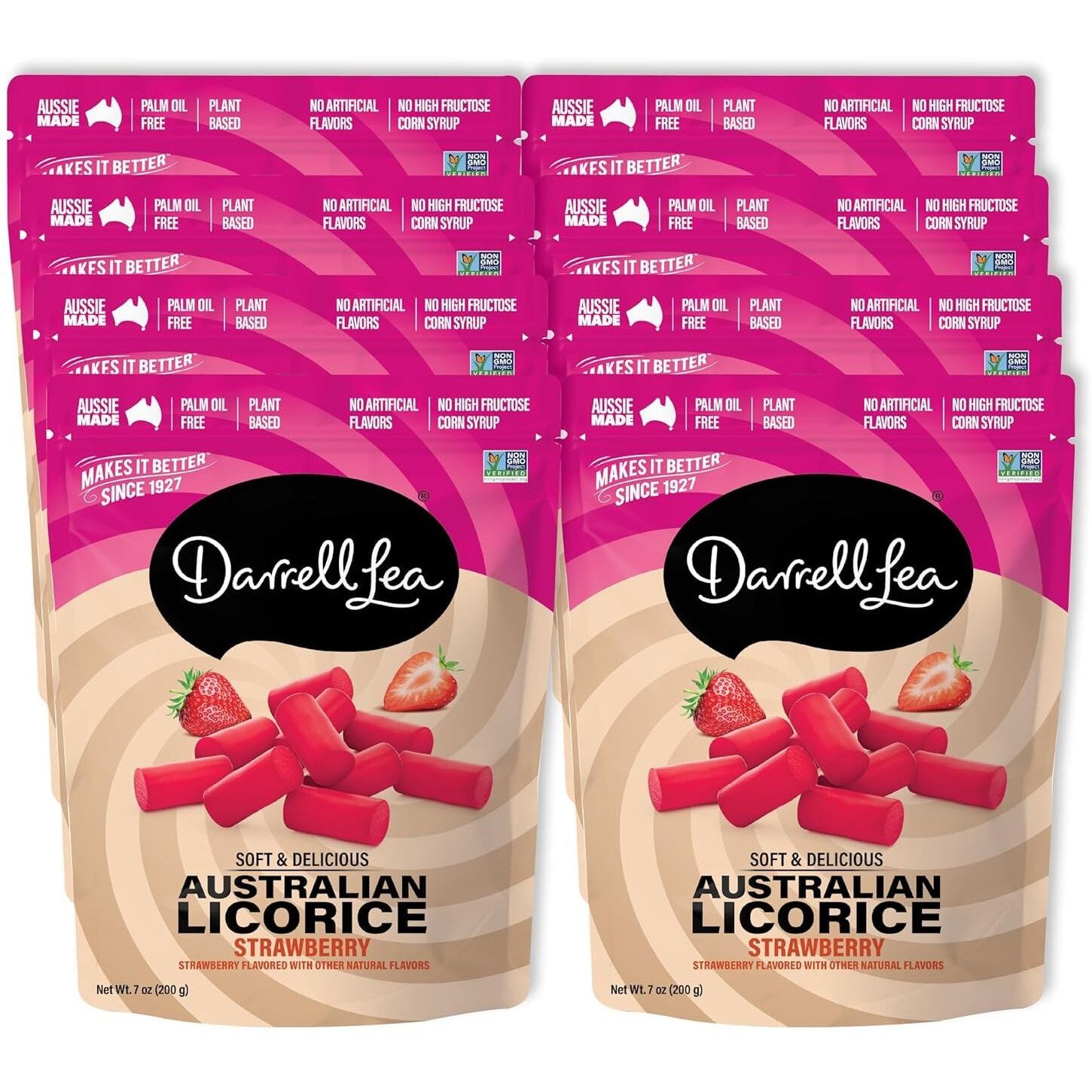 Darrell Lea Soft Australian Licorice, Non-Gmo, No Palm Oil, Plant Based, No High Fructose Corn Syrup, Soft & Chewy Licorice Candy, Made In Australia (Strawberry, 7 Ounce (Pack Of 8))