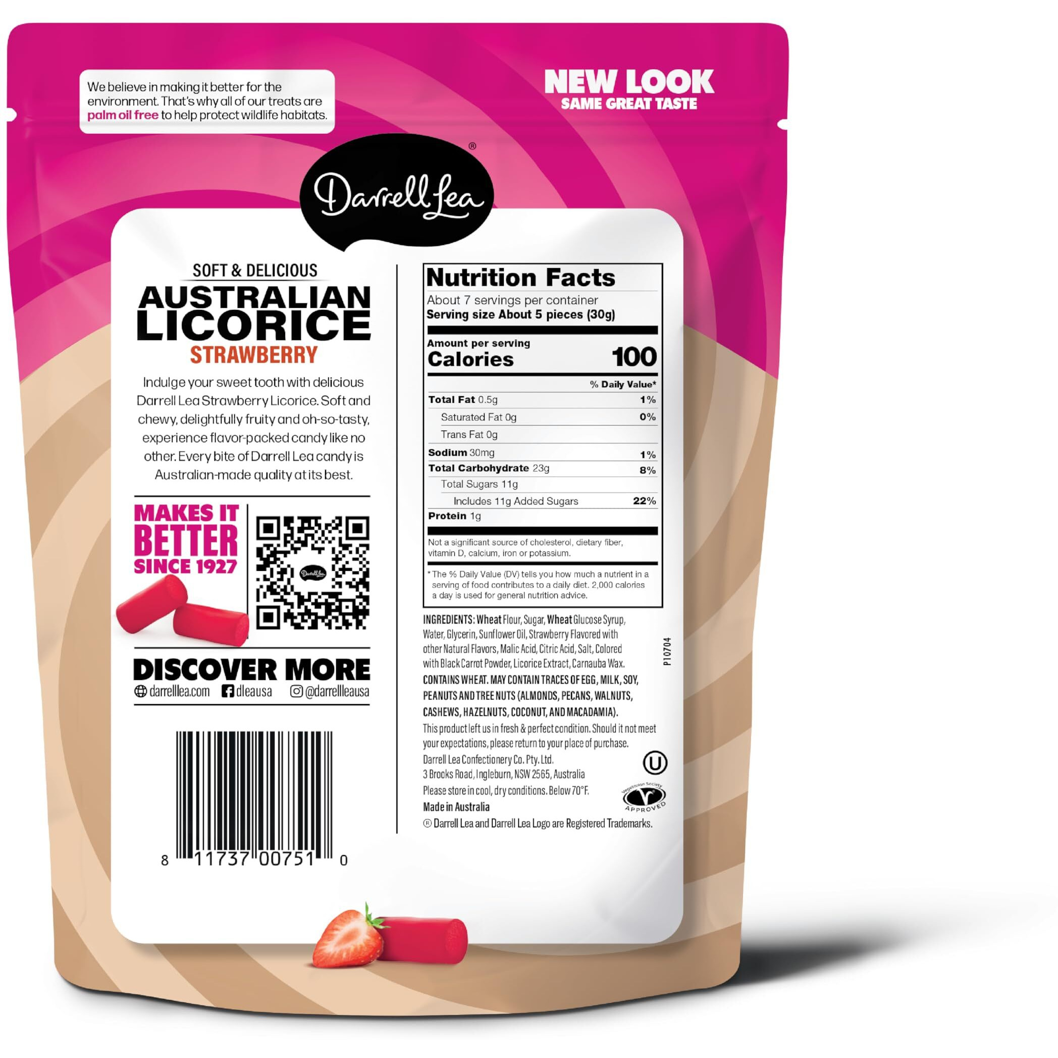 Darrell Lea Soft Australian Licorice, Non-Gmo, No Palm Oil, Plant Based, No High Fructose Corn Syrup, Soft & Chewy Licorice Candy, Made In Australia (Strawberry, 7 Ounce (Pack Of 8))