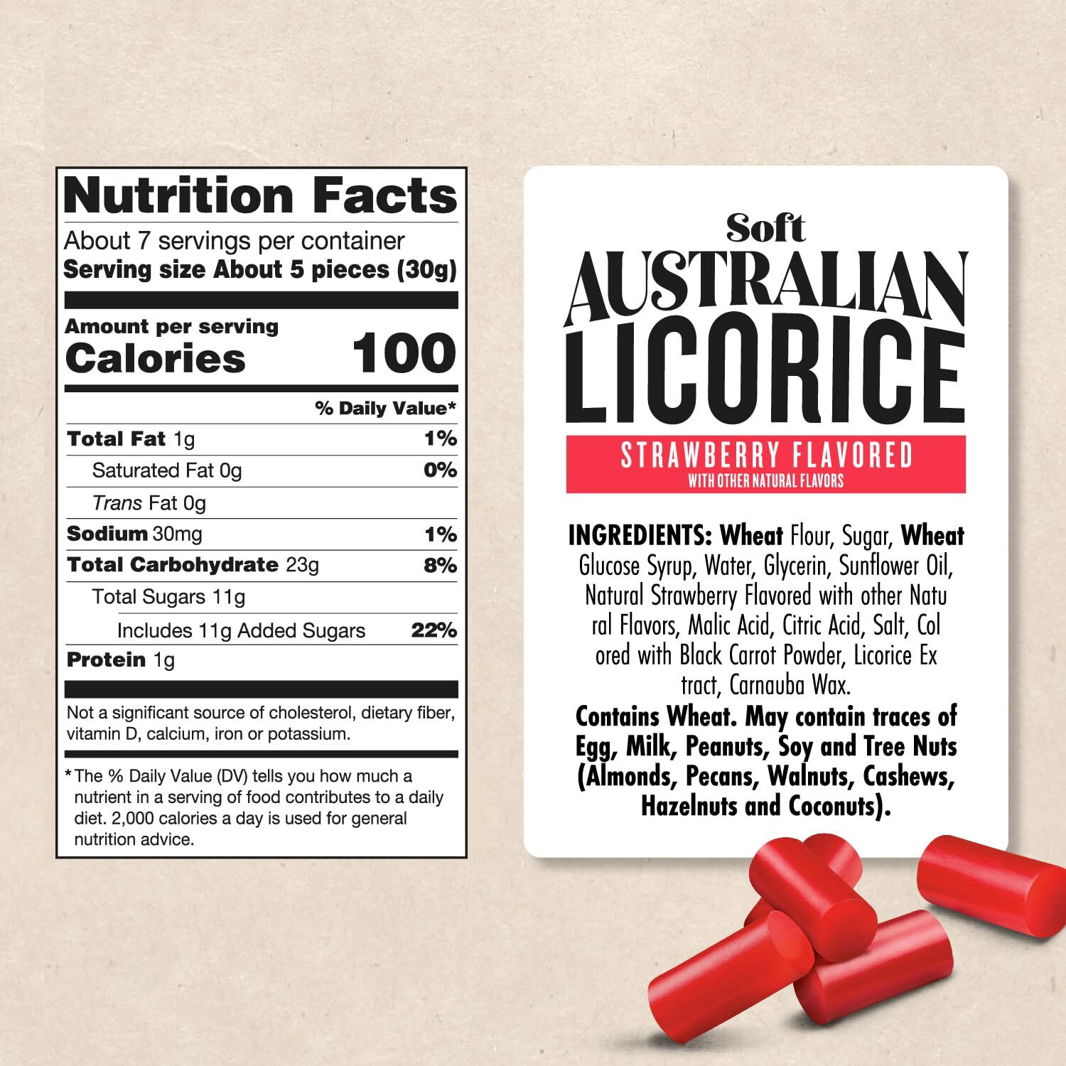 Darrell Lea Soft Australian Licorice, Non-Gmo, No Palm Oil, Plant Based, No High Fructose Corn Syrup, Soft & Chewy Licorice Candy, Made In Australia (Strawberry, 7 Ounce (Pack Of 8))