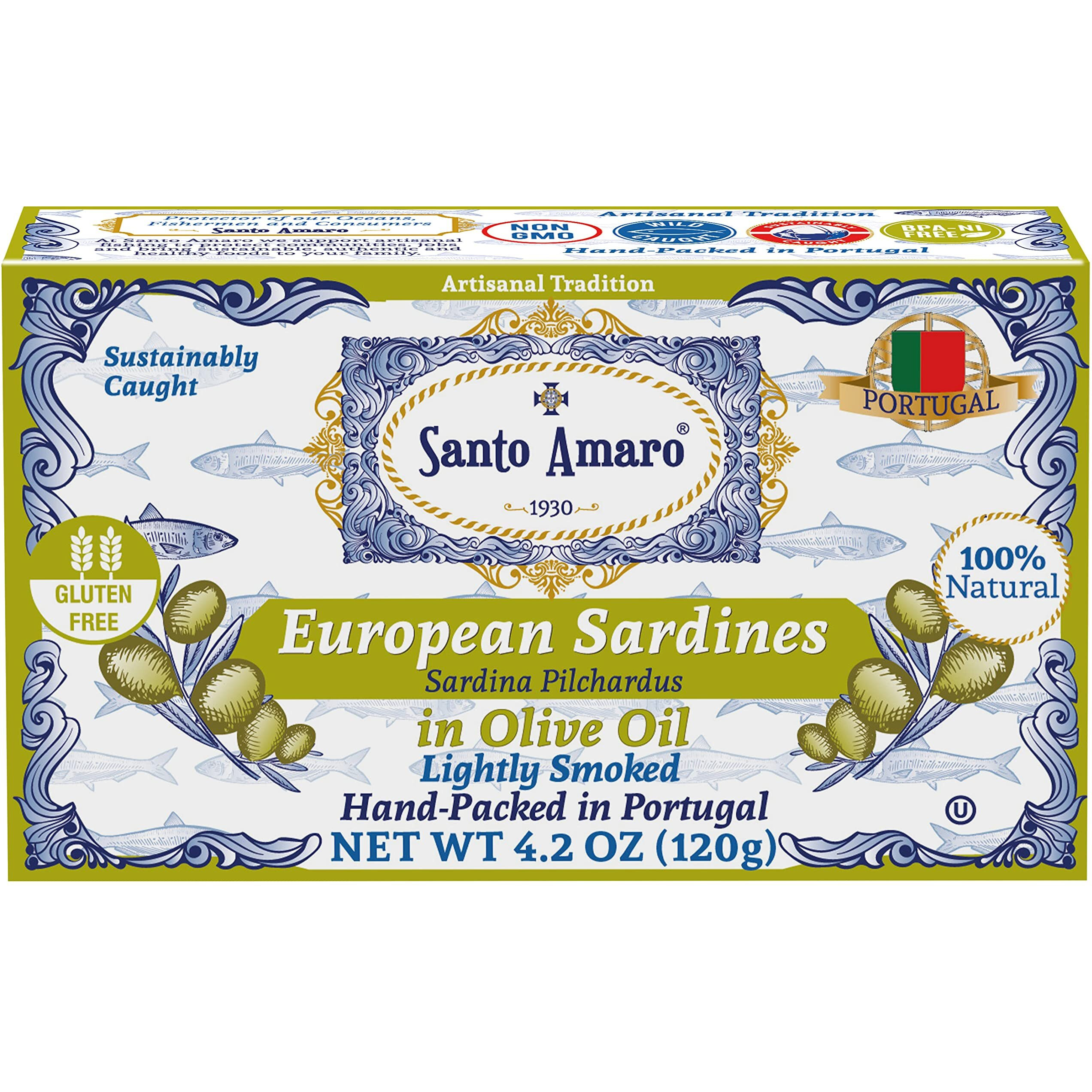 Santo Amaro - Authentic European Sardines In Olive Oil, Hand-Packed Canned Sardines From Portugal, Wild Caught Sardines In Virgin Olive Oil, Lightly Smoked, 20G Protein, Keto, Paleo, Dash, Pack Of 3