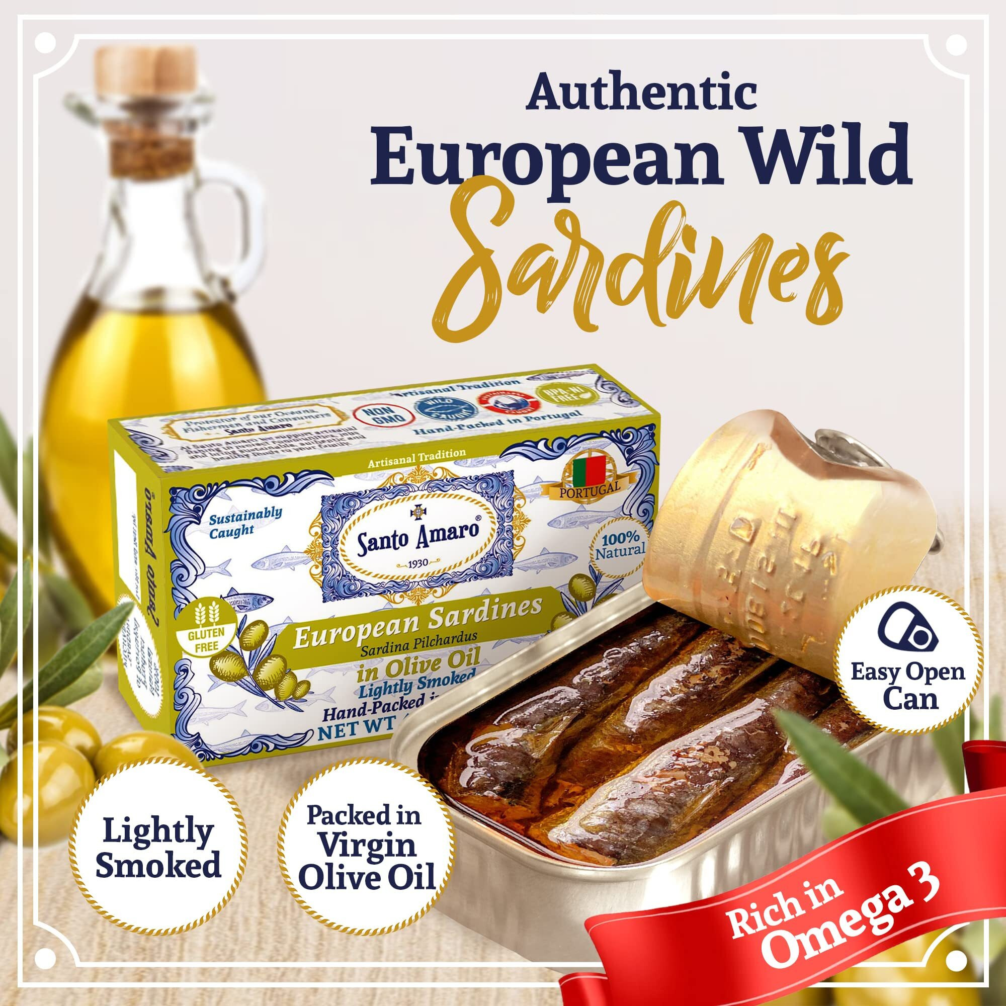 Santo Amaro - Authentic European Sardines In Olive Oil, Hand-Packed Canned Sardines From Portugal, Wild Caught Sardines In Virgin Olive Oil, Lightly Smoked, 20G Protein, Keto, Paleo, Dash, Pack Of 3