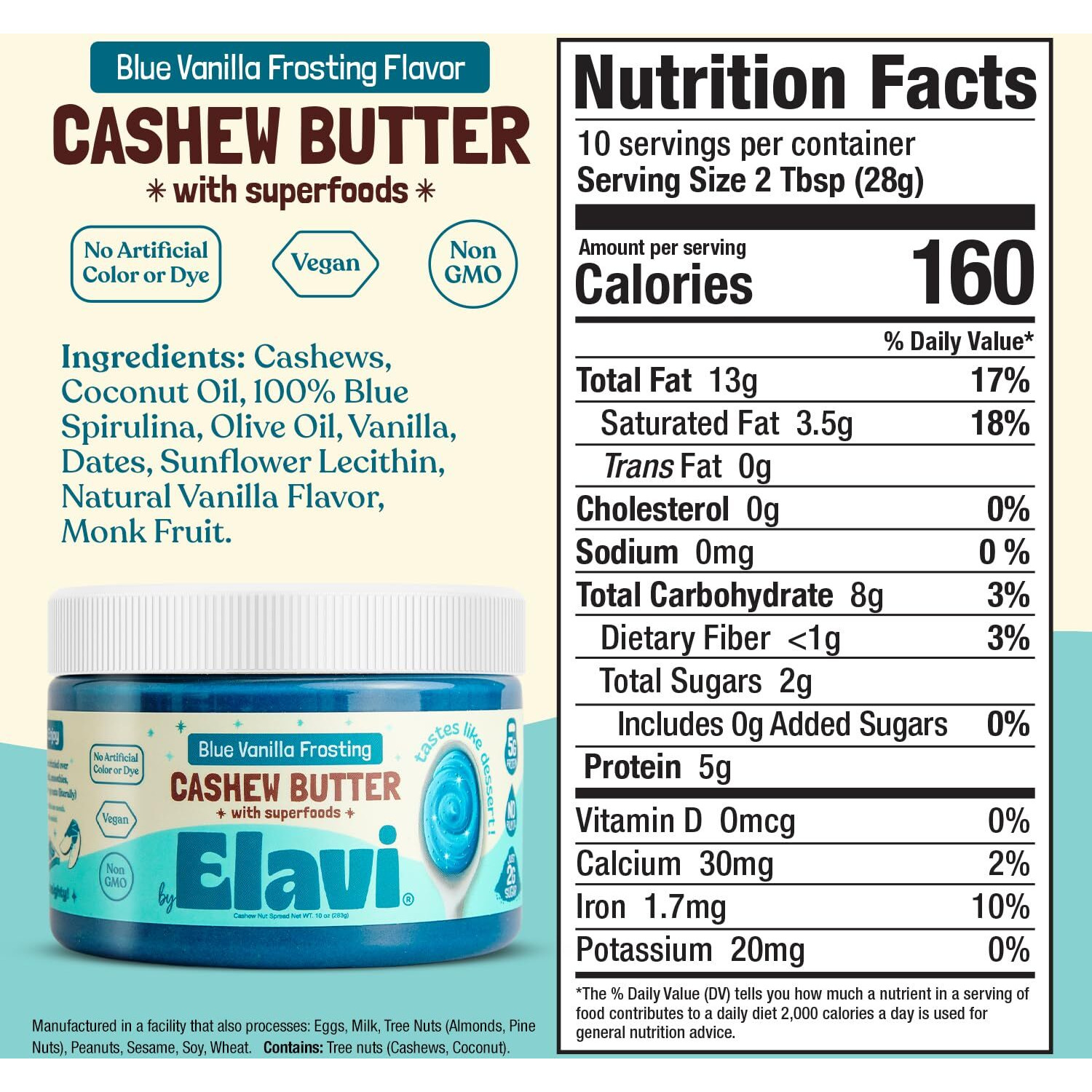 Elavi Keto Cashew Butter, Kid-Friendly, Low-Sugar Dessert Spread | Vegan, No Added Sugar, No Sugar Alcohols, No Palm Oil (1 Count, Blue Vanilla)