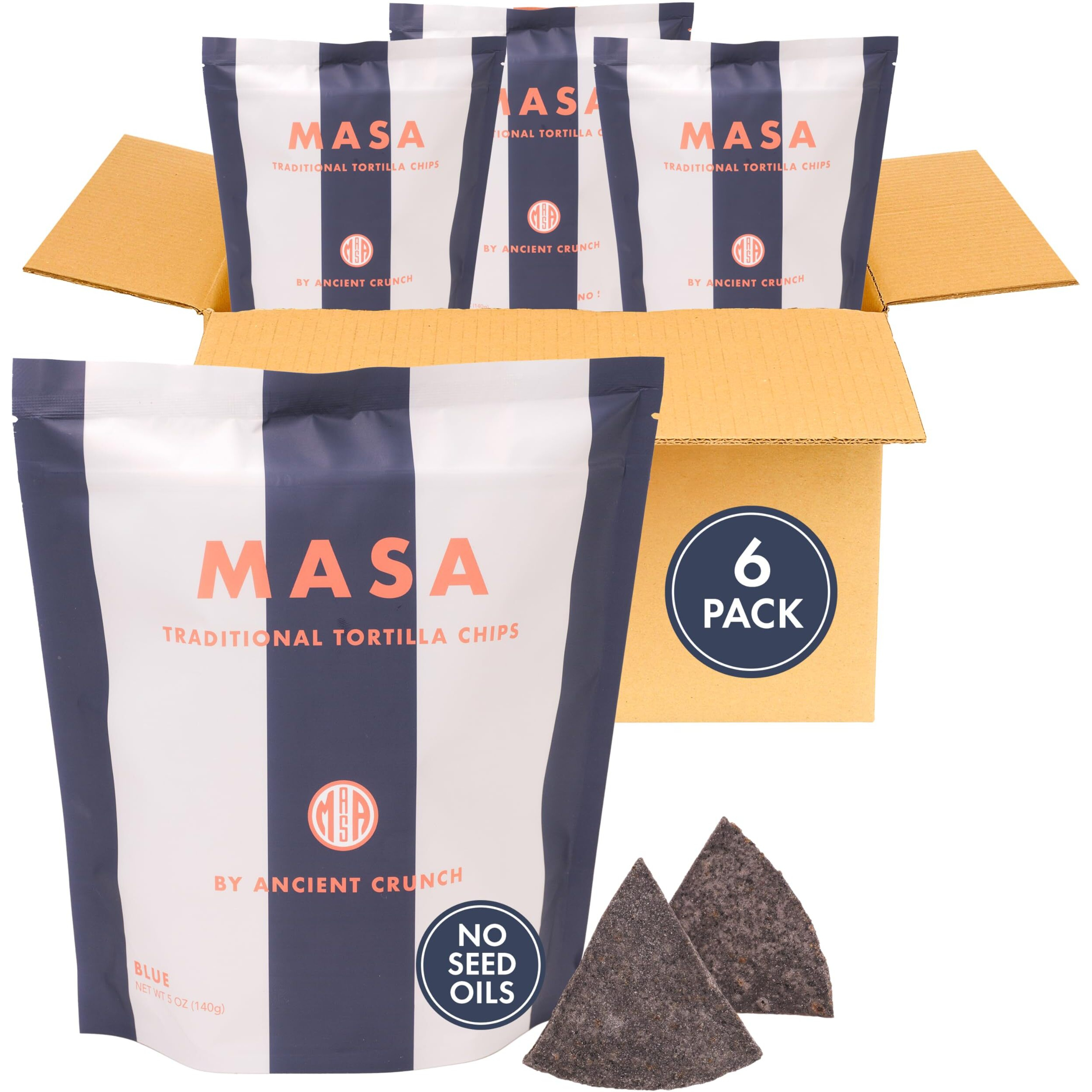 Masa Chips Blue Corn Tortilla Chips - Naturally Grown Blue Corn With Grass Fed Tallow And Sea Salt Tortilla Chips - No Seed-Oil Snacks - 6 Pack, 5 Ounce Each