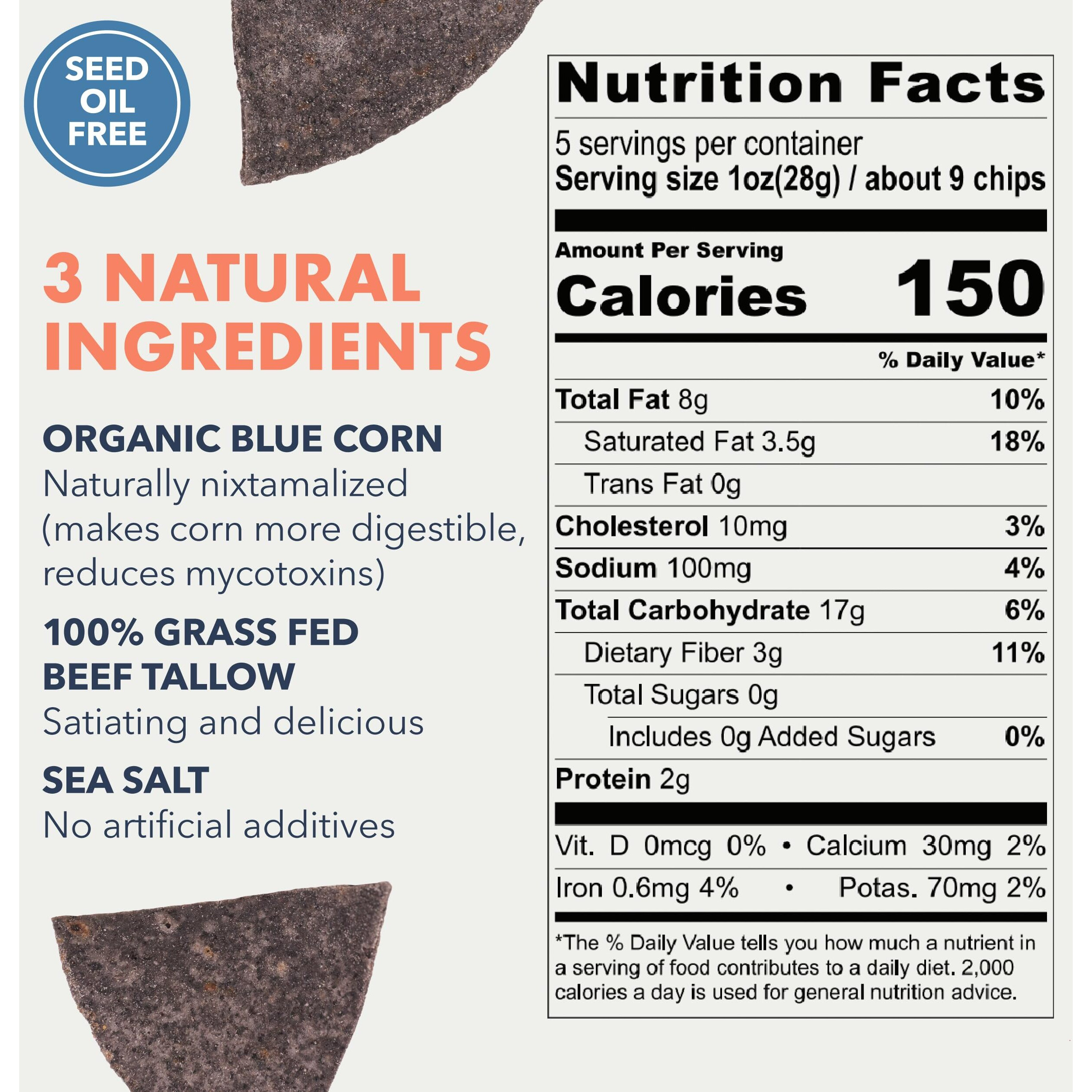 Masa Chips Blue Corn Tortilla Chips - Naturally Grown Blue Corn With Grass Fed Tallow And Sea Salt Tortilla Chips - No Seed-Oil Snacks - 6 Pack, 5 Ounce Each