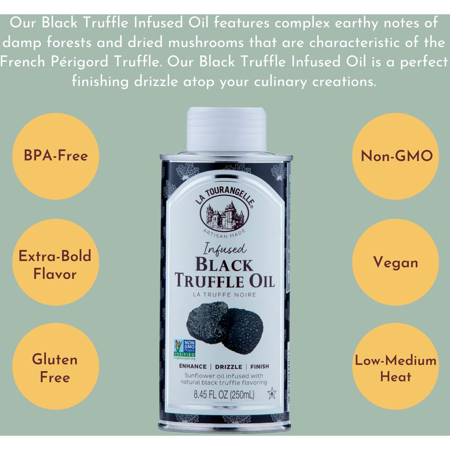 La Tourangelle, Black Truffle Oil, Complex Gourmet Earthy Flavor For Drizzling Over Pasta, Popcorn, Vegetables, Potatoes, Soup And More, 8.45 Fl Oz