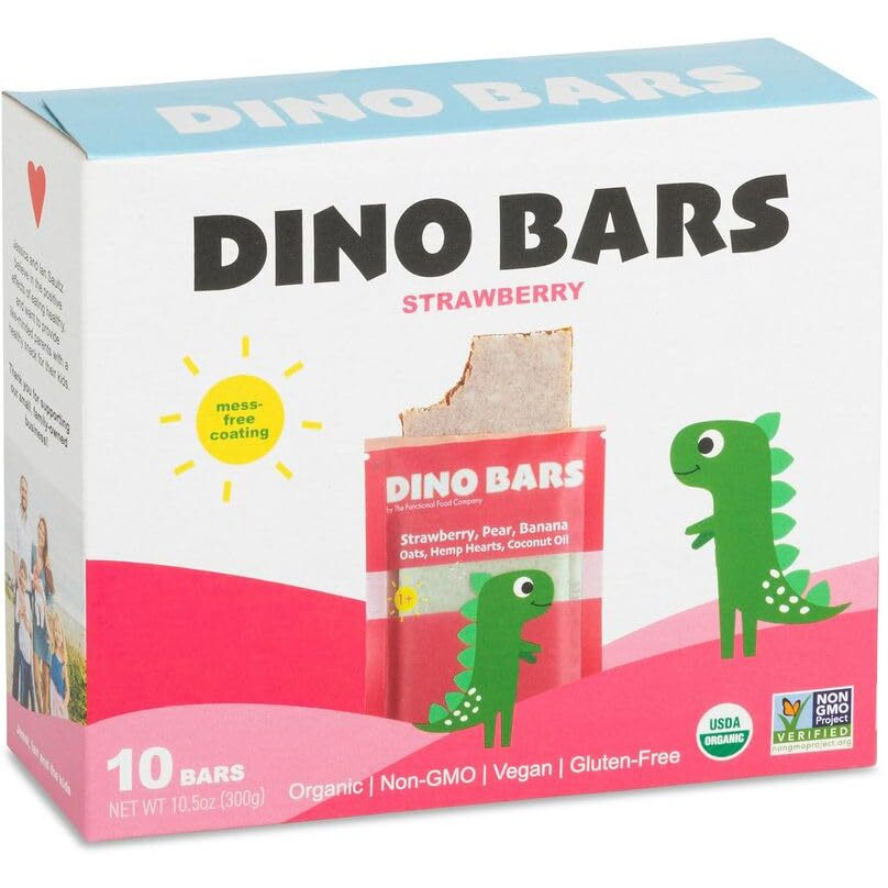 Dino Bars | Organic Fruit Bar For Kids | Organic Toddler Bars And Dinosaur Snacks | | Fruit + Oats + Hemp Hearts + Coconut Oil With Edible Paper | Strawberry Kids Bar | Age 1+ | 10 Pack