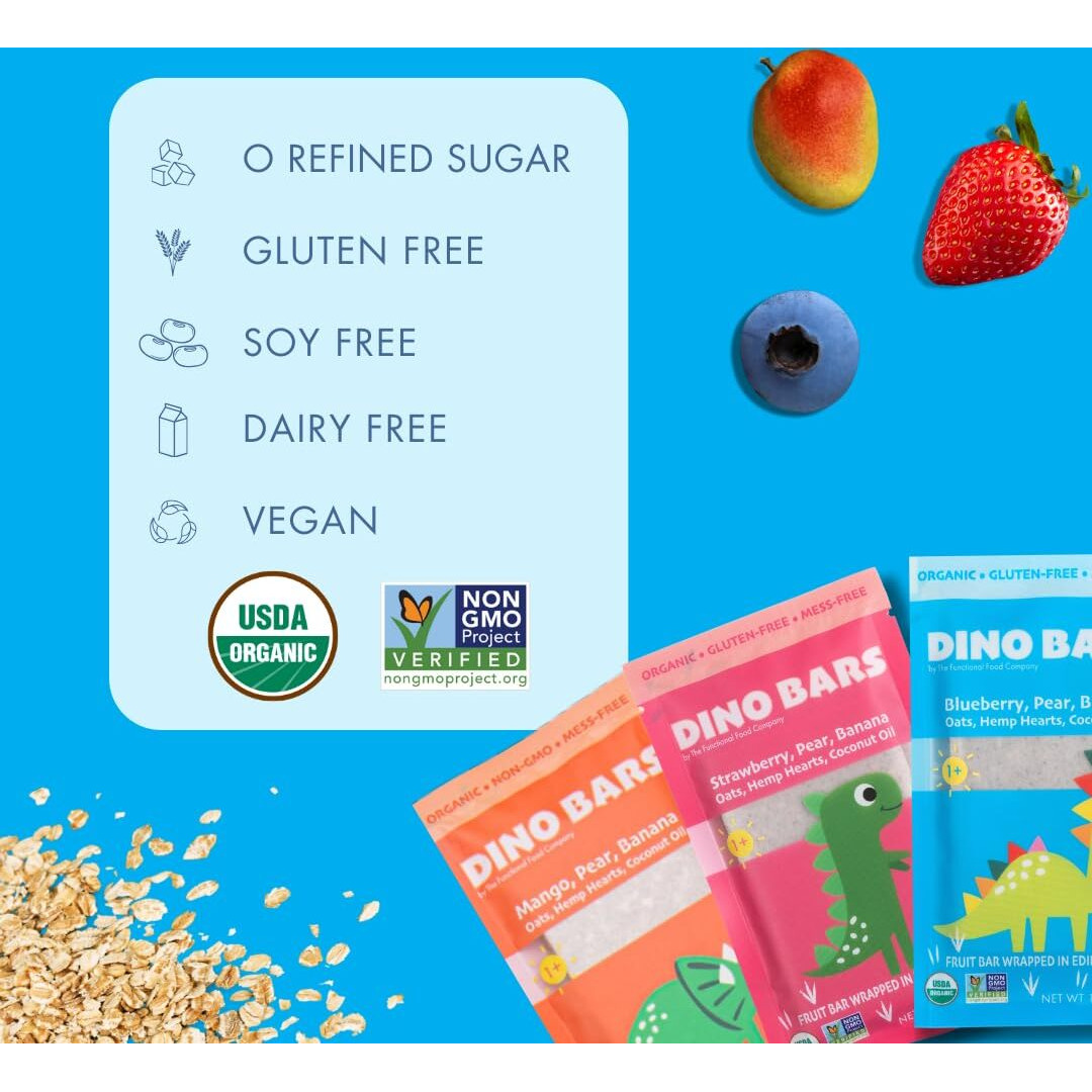Dino Bars | Organic Fruit Bar For Kids | Organic Toddler Bars And Dinosaur Snacks | | Fruit + Oats + Hemp Hearts + Coconut Oil With Edible Paper | Strawberry Kids Bar | Age 1+ | 10 Pack