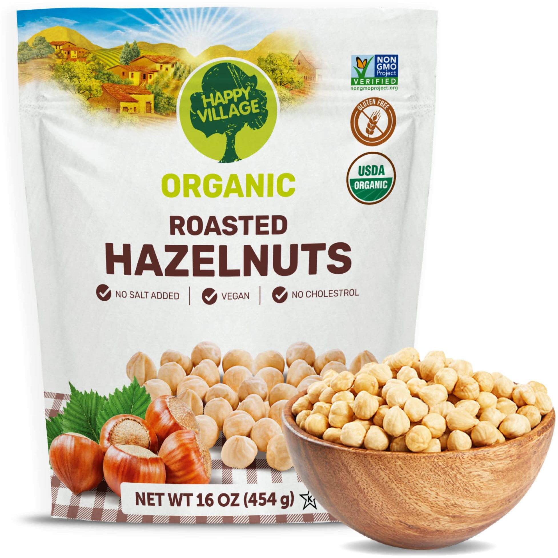 Happy Village Organic Roasted Hazelnuts, 16 Oz Resealable Bag, Roasted And Unsalted, Usda Organic, Non-Gmo, Kosher, Vegan, Gluten-Free Filbert Nuts, No Added Oil Or Preservatives