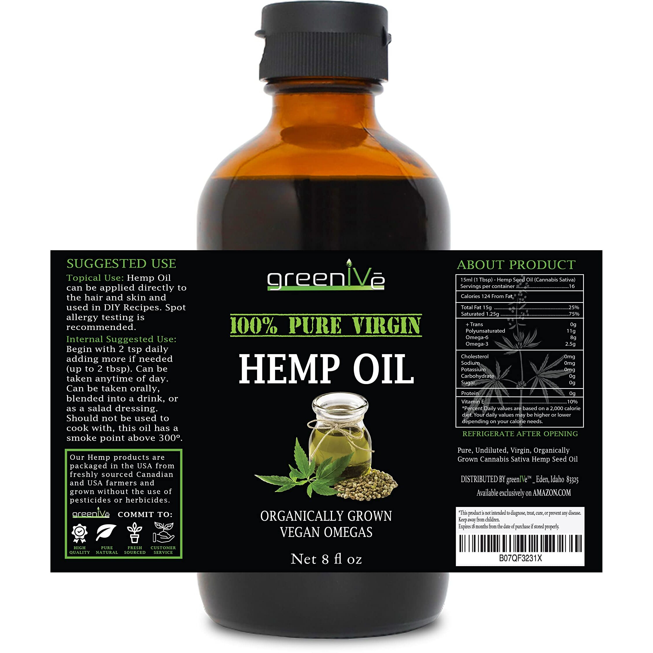 Greenive Organically Grown Hemp Oil 224,000Mg Glass Bottle Vegan Omegas 100% Pure Cold Pressed (8Oz)