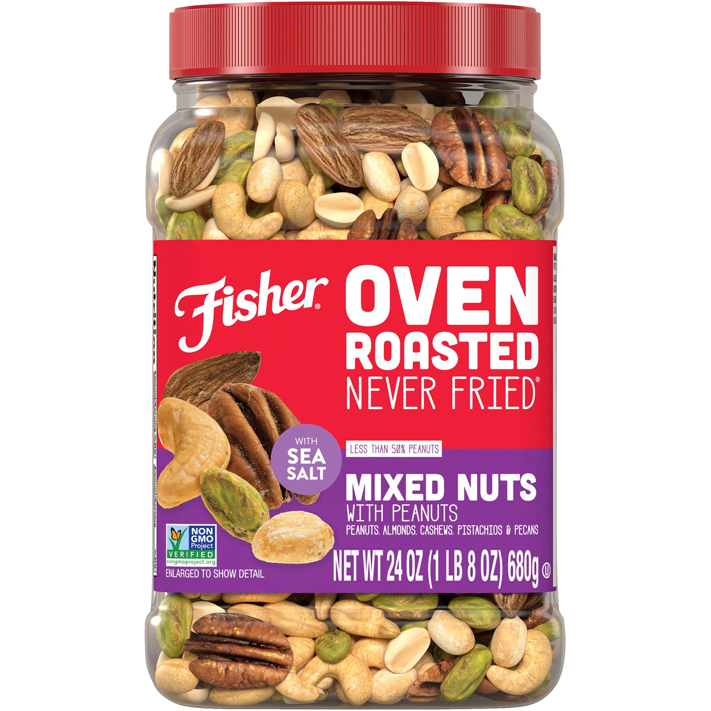 Fisher Oven Roasted Never Fried Mixed Nuts With Peanuts, 24 Ounces (Pack Of 1), Peanuts, Almonds, Cashews, Pistachios, Pecans, Trail Mix, Healthy Snacks For Adults, Made With Sea Salt, No Added Oils