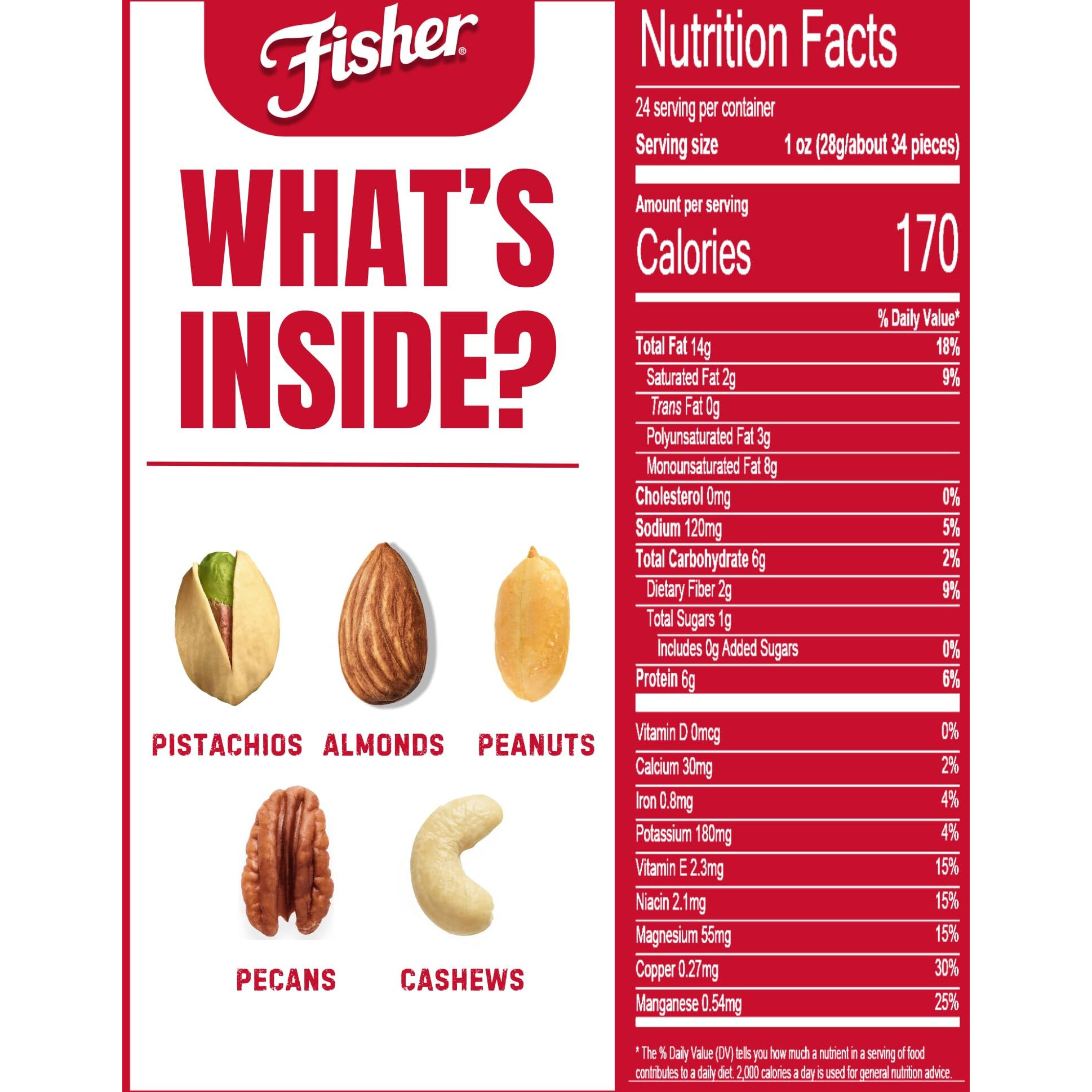 Fisher Oven Roasted Never Fried Mixed Nuts With Peanuts, 24 Ounces (Pack Of 1), Peanuts, Almonds, Cashews, Pistachios, Pecans, Trail Mix, Healthy Snacks For Adults, Made With Sea Salt, No Added Oils