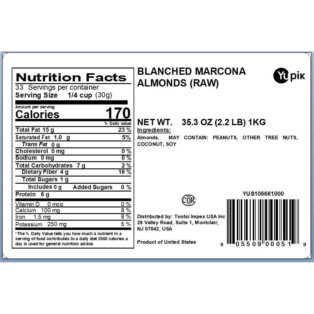 Yupik Blanched Marcona Almonds, 2.2 Lb (35.2 Oz), Gluten-Free, Vegan, Kosher, Oil-Free, Raw Nuts, Unsalted, Skinless, Oil-Free, Source Of Fiber, Healthy Snack