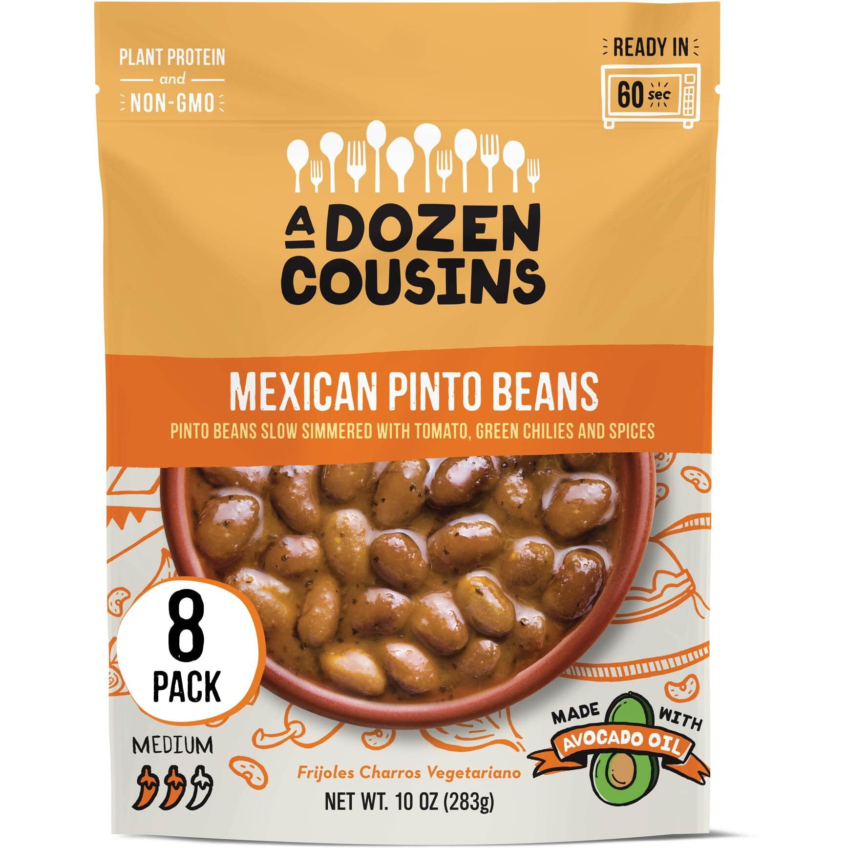 A Dozen Cousins Seasoned Pinto Beans, Vegan And Non-Gmo Meals Ready To Eat Made With Avocado Oil (Mexican Pinto Beans, 8-Pack)