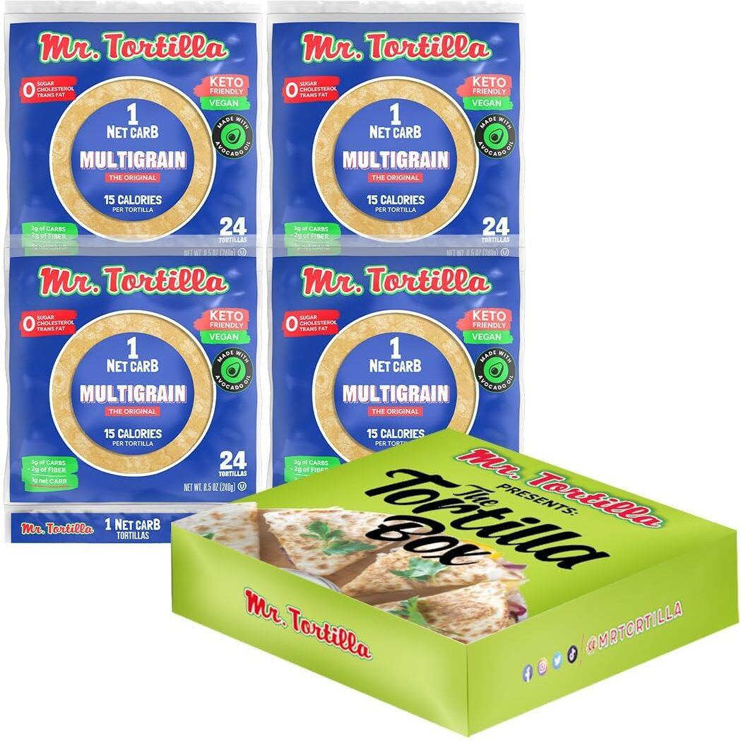 Mr. Tortilla Low Carb Tortilla Wraps - Keto Tortillas With Avocado Oil - Street Taco Size - 1 Net Carb Per Serving - Low Calorie Keto Wraps - Low Carb Tortillas - (Multigrain, 96 Count)