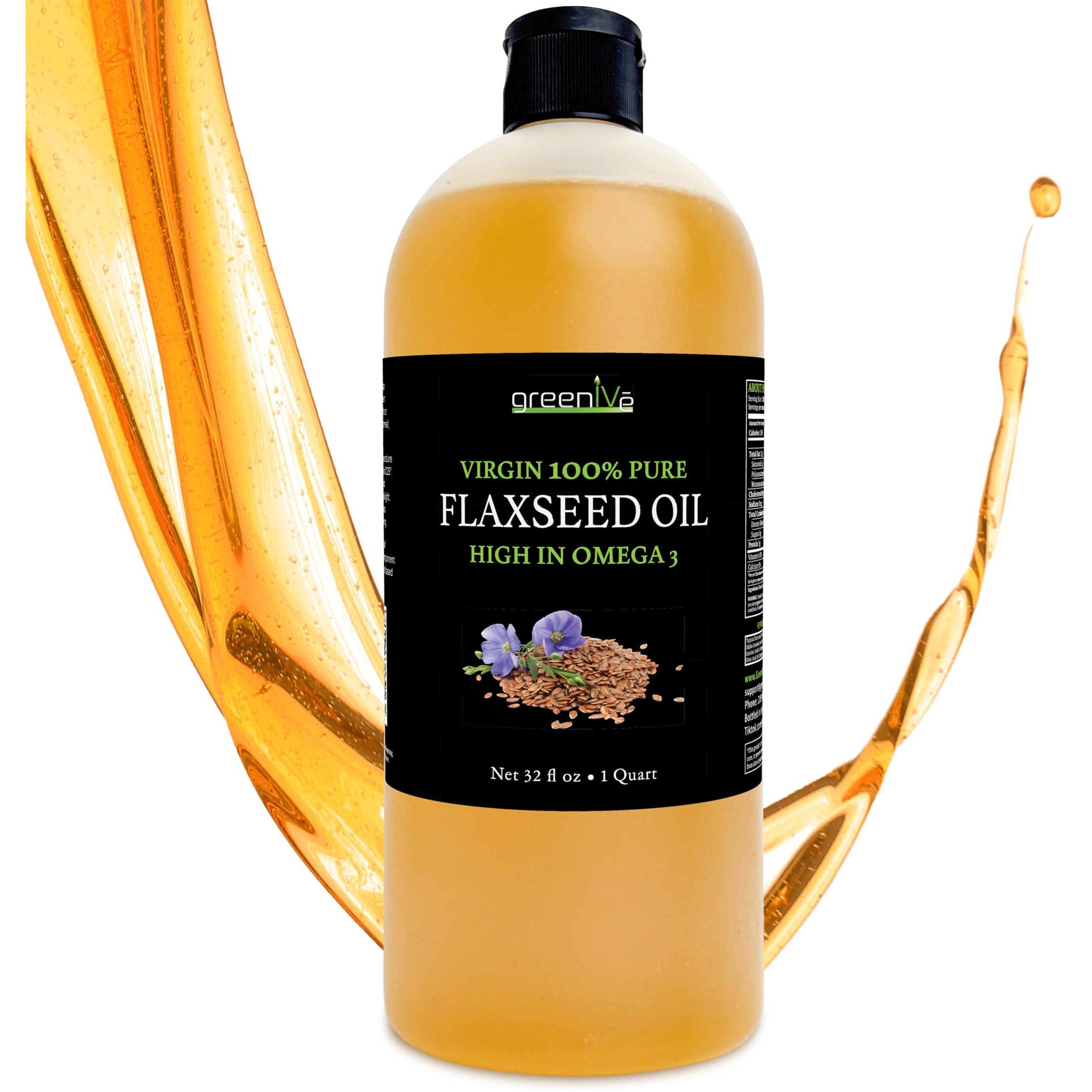 Greenive Flax Seed Oil, Cold-Pressed, Organic, Non-Gmo, High Potency Omega-3, Vegan, Gluten-Free (32 Fl Oz)