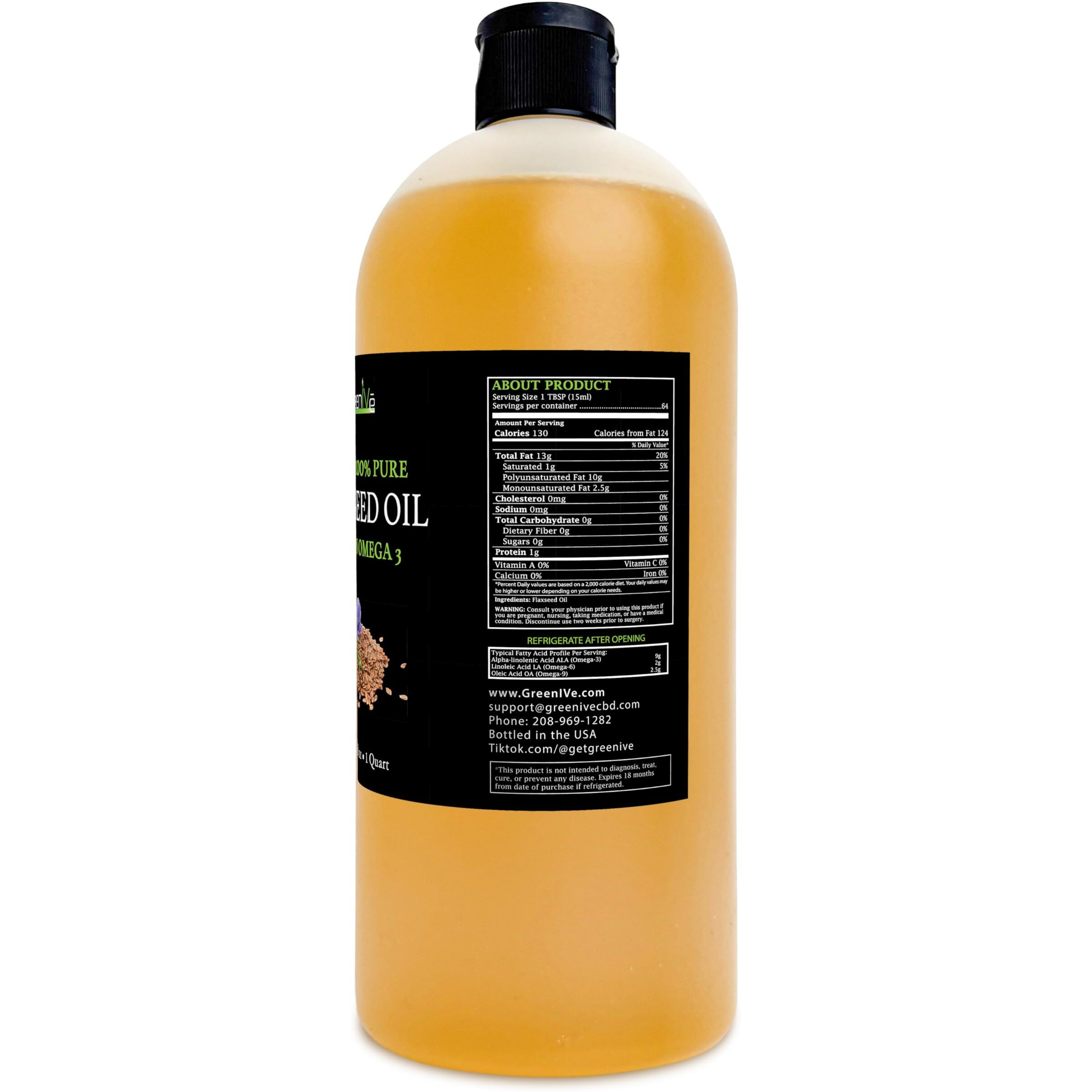 Greenive Flax Seed Oil, Cold-Pressed, Organic, Non-Gmo, High Potency Omega-3, Vegan, Gluten-Free (32 Fl Oz)