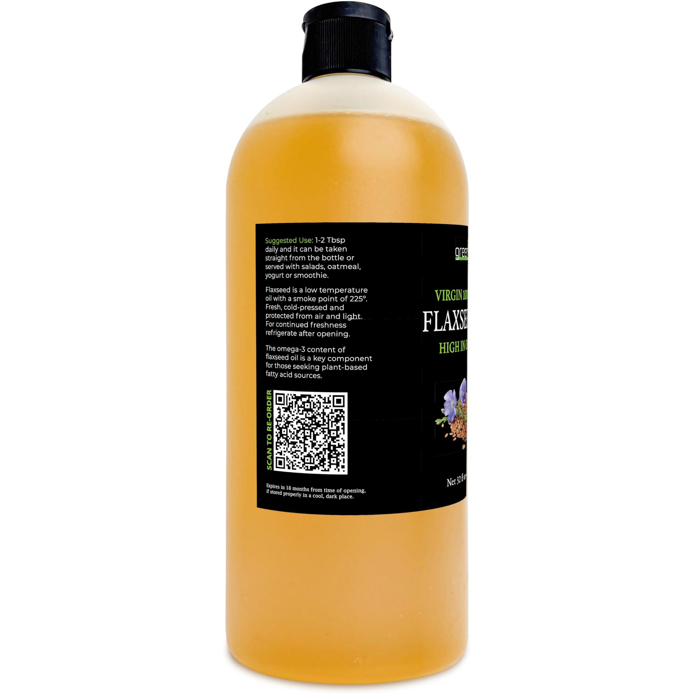 Greenive Flax Seed Oil, Cold-Pressed, Organic, Non-Gmo, High Potency Omega-3, Vegan, Gluten-Free (32 Fl Oz)