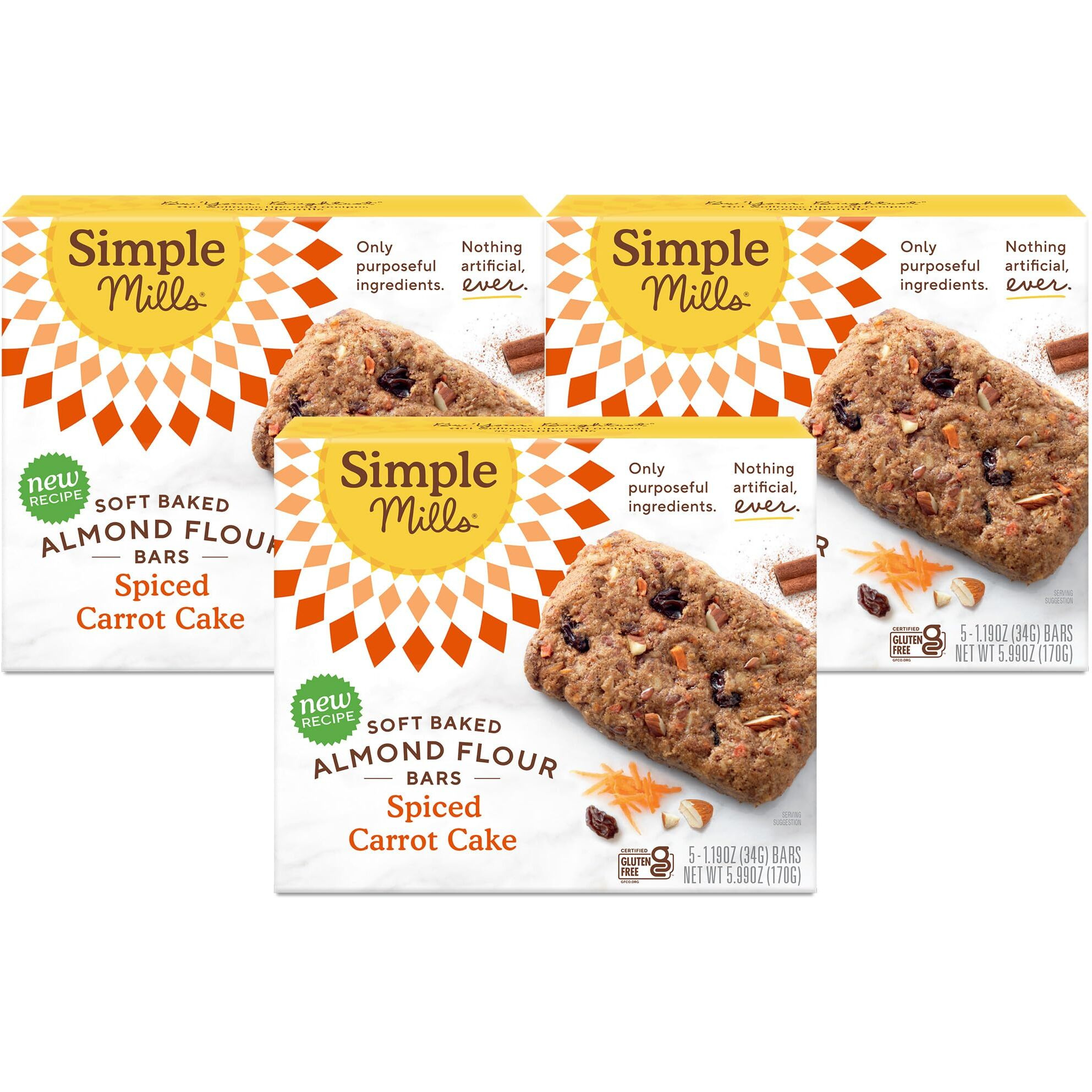 Simple Mills Almond Flour Snack Bars, Spiced Carrot Cake - Gluten Free, Made With Organic Coconut Oil, Breakfast Bars, Healthy Snacks, Paleo Friendly, 6 Ounce (Pack Of 3)