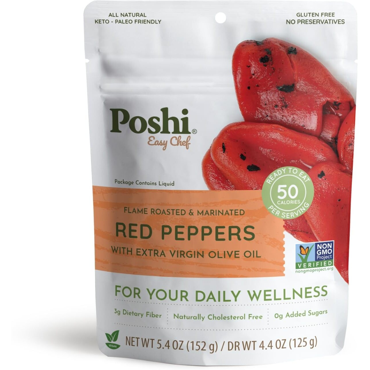 Poshi Flame Roasted Red Peppers In Extra Virgin Olive Oil Natural, Keto, Vegan, Non Gmo, Low Carb + Calorie, Gluten Free, Ready To Eat, Fully Cooked Vegetables, Pentry Food, Gourmet, 6 Pack, 5.4 Oz