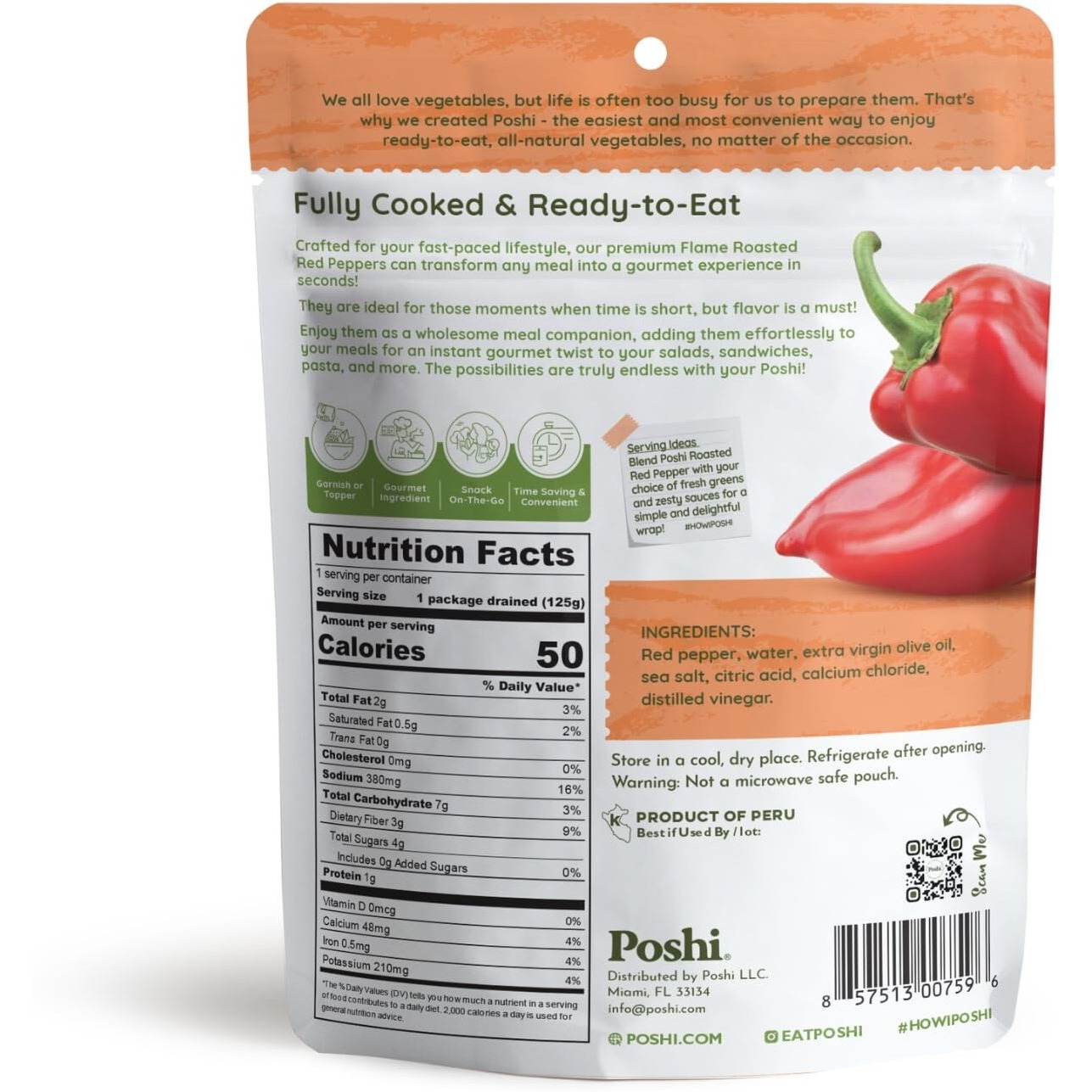 Poshi Flame Roasted Red Peppers In Extra Virgin Olive Oil Natural, Keto, Vegan, Non Gmo, Low Carb + Calorie, Gluten Free, Ready To Eat, Fully Cooked Vegetables, Pentry Food, Gourmet, 6 Pack, 5.4 Oz