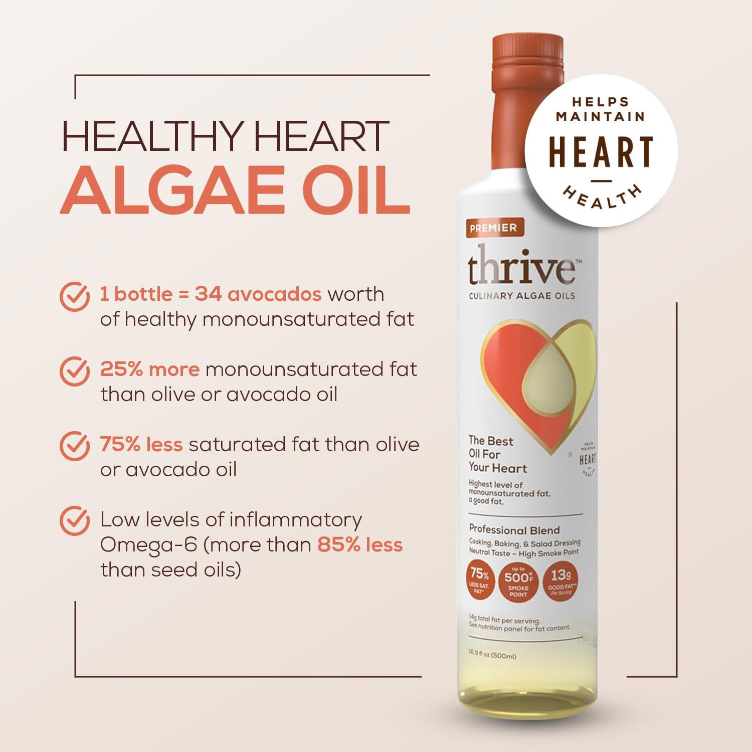 Thrive Algae Cooking Oil - Premier Culinary Blend, Heart And Health-Conscious Oil, Rich In Omega-9 Monounsaturated Fat (90%), Very Low Omega-6, 16.9 Fl Oz, 2 Pack