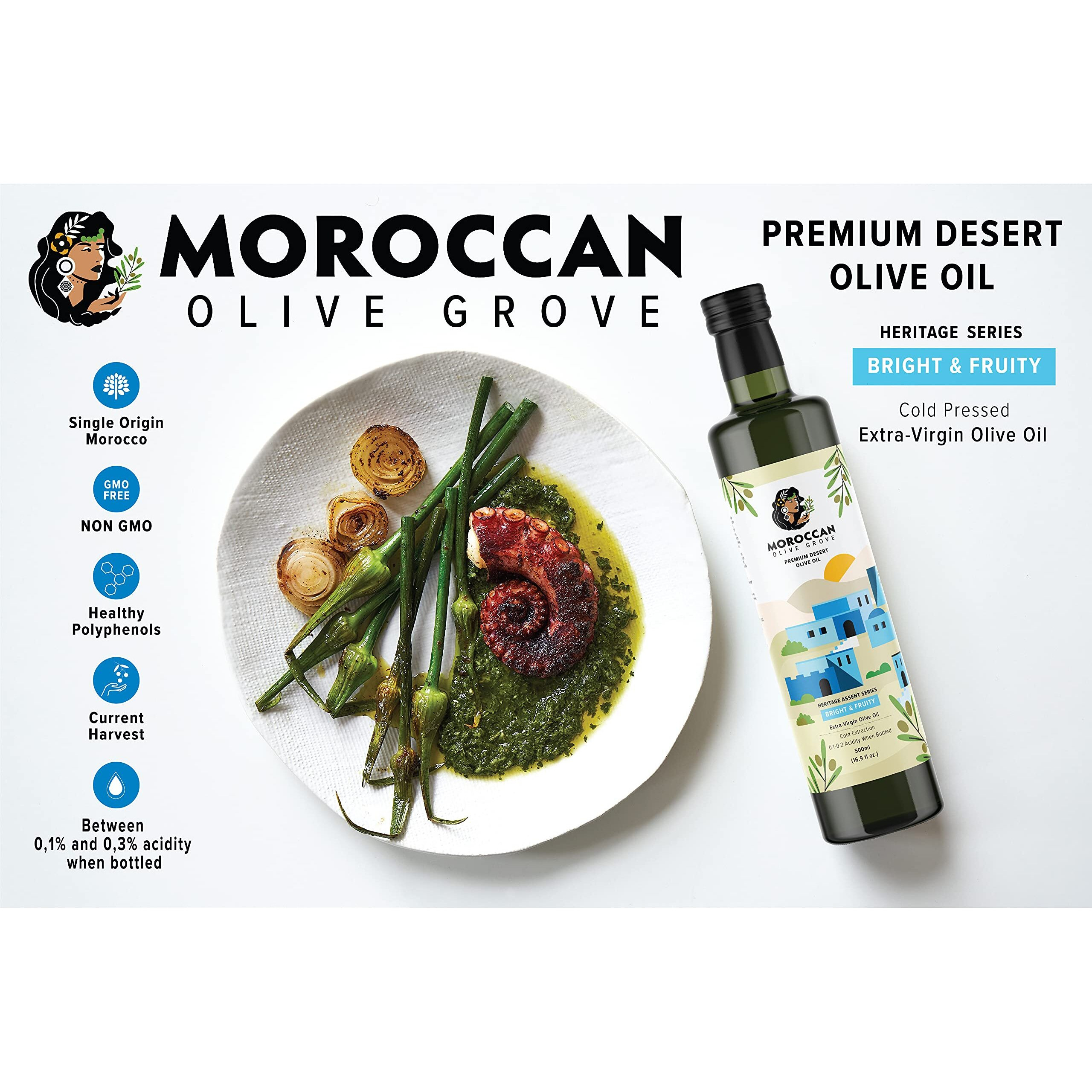 Moroccan Olive Grove - Bright & Fruity - Premium Desert Extra Virgin Cold Extracted Olive Oil, 100% Single Origin From Morocco, Polyphenols Rich - 16.9 Fl Oz (500Ml) (500Ml Bottle *)