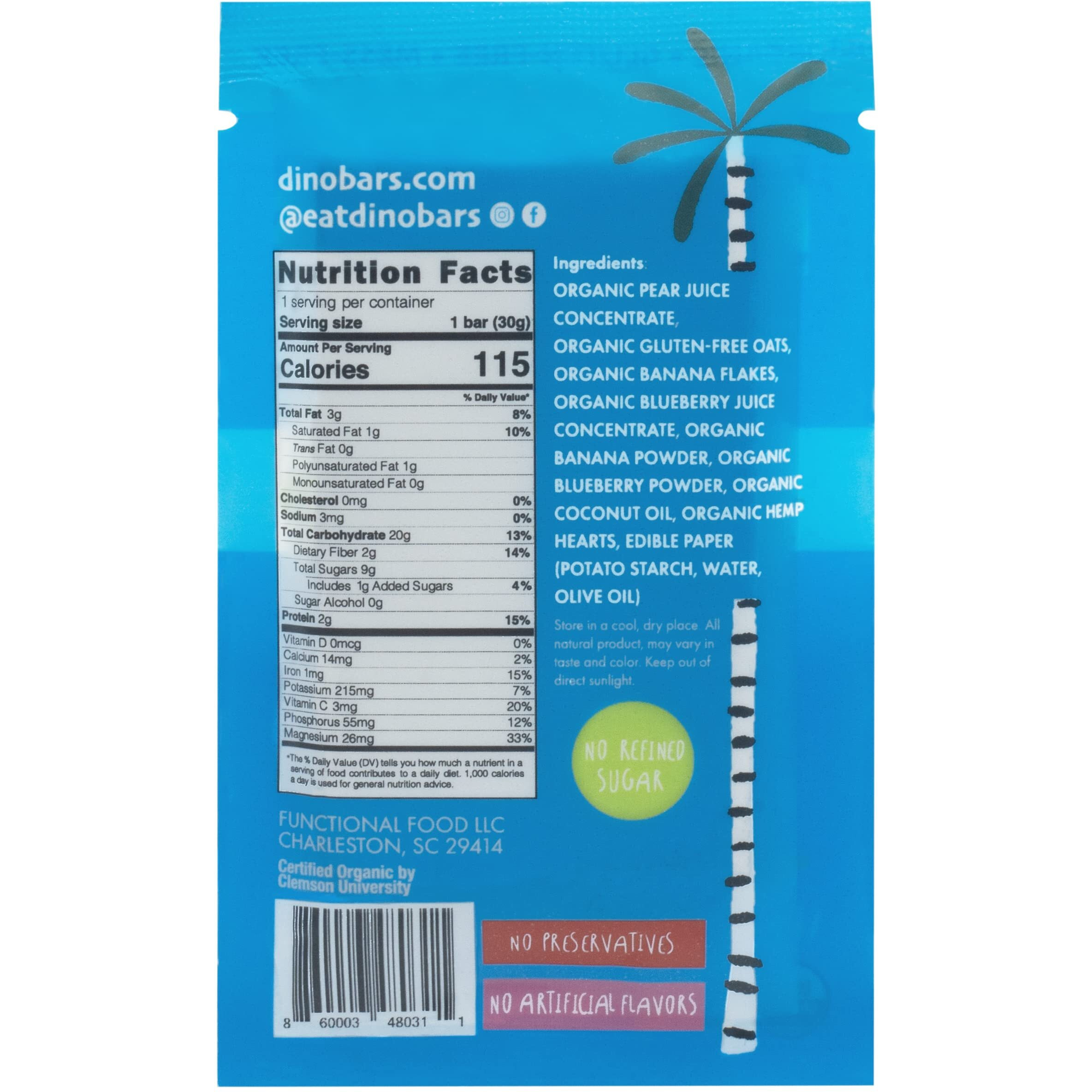 Dino Bars | Organic Fruit Bar For Kids | Organic Toddler Bars And Dinosaur Snacks | Fruit + Oats + Hemp Hearts + Coconut Oil With Edible Paper | Blueberry Kids Bar | Age 1+ | 30 Pack