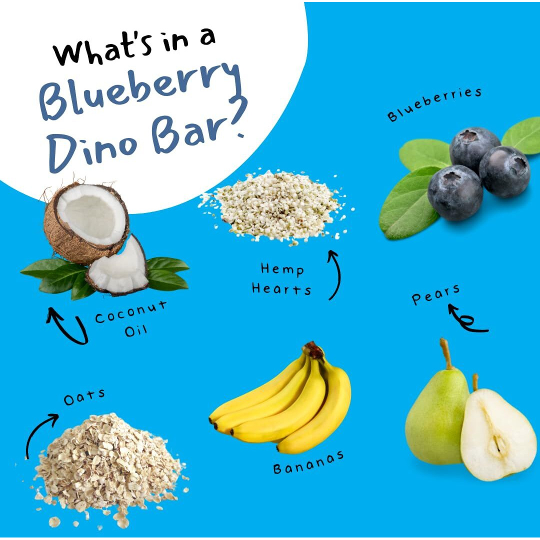 Dino Bars | Organic Fruit Bar For Kids | Organic Toddler Bars And Dinosaur Snacks | Fruit + Oats + Hemp Hearts + Coconut Oil With Edible Paper | Blueberry Kids Bar | Age 1+ | 30 Pack