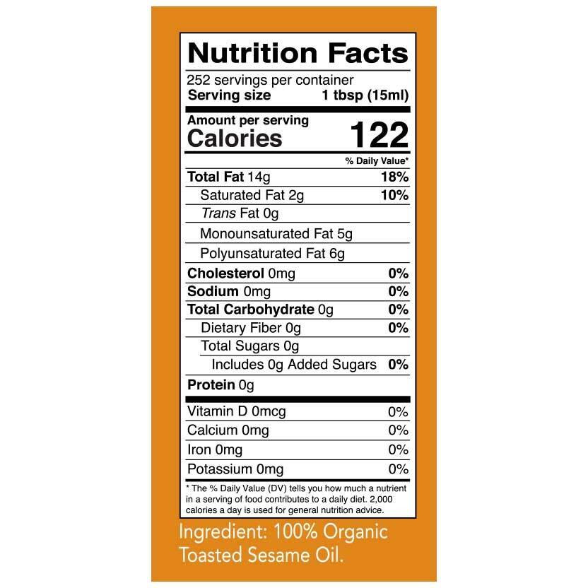 Kevala Organic Toasted Sesame Oil - Cooking, Good For Stir Fry , Made With Pure Seeds, Cold Pressed, Vegan, Gluten Free, 1 Gal, 128 Fl Oz