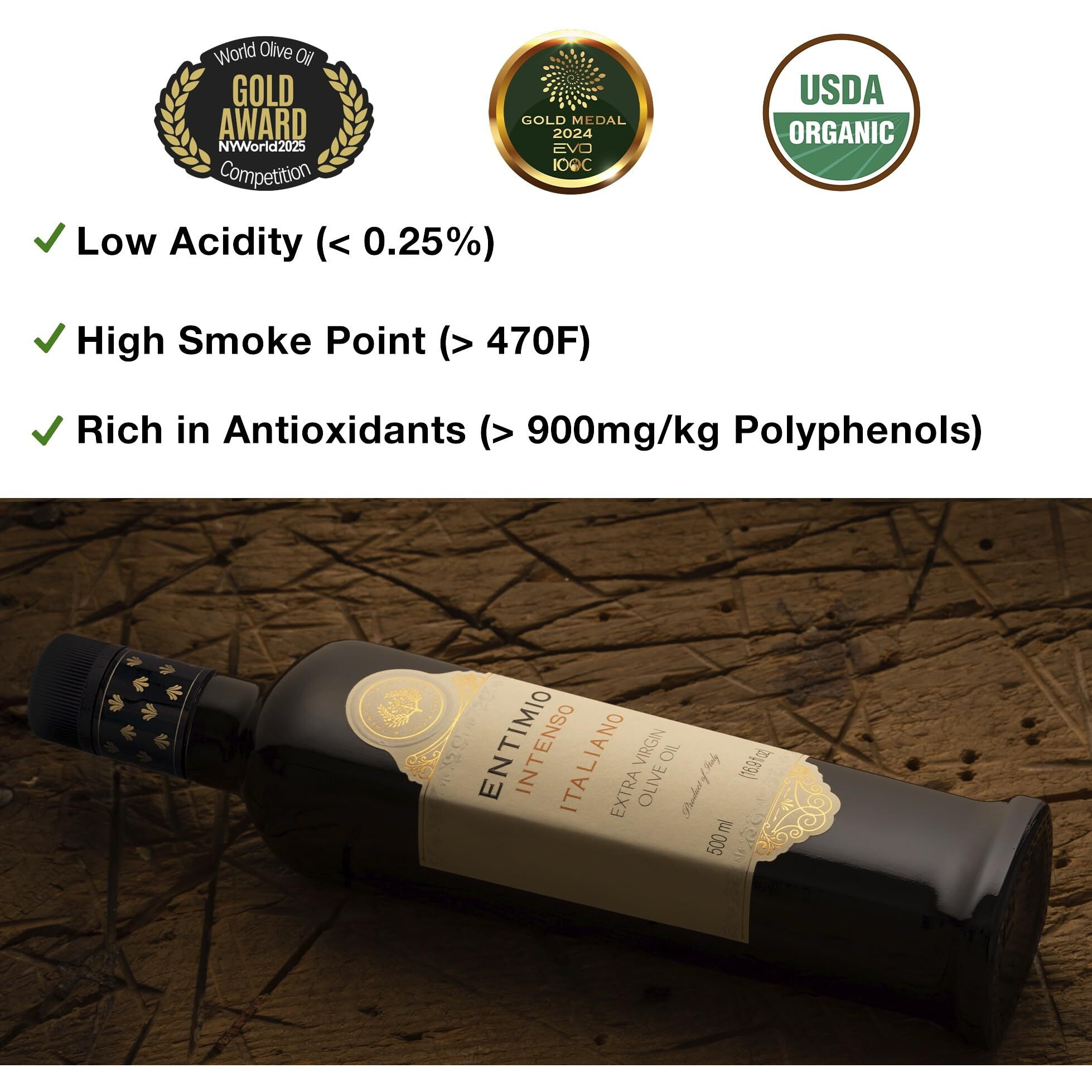 Entimio Intenso +900 Mg/Kg Polyphenol Rich Organic Extra Virgin Olive Oil, New 2024-2025 Early Harvest Italian Olive Oil From Puglia, Italy, 2025 Gold Winner, Cold Extracted, Lab Tested - 16.9 Fl Oz