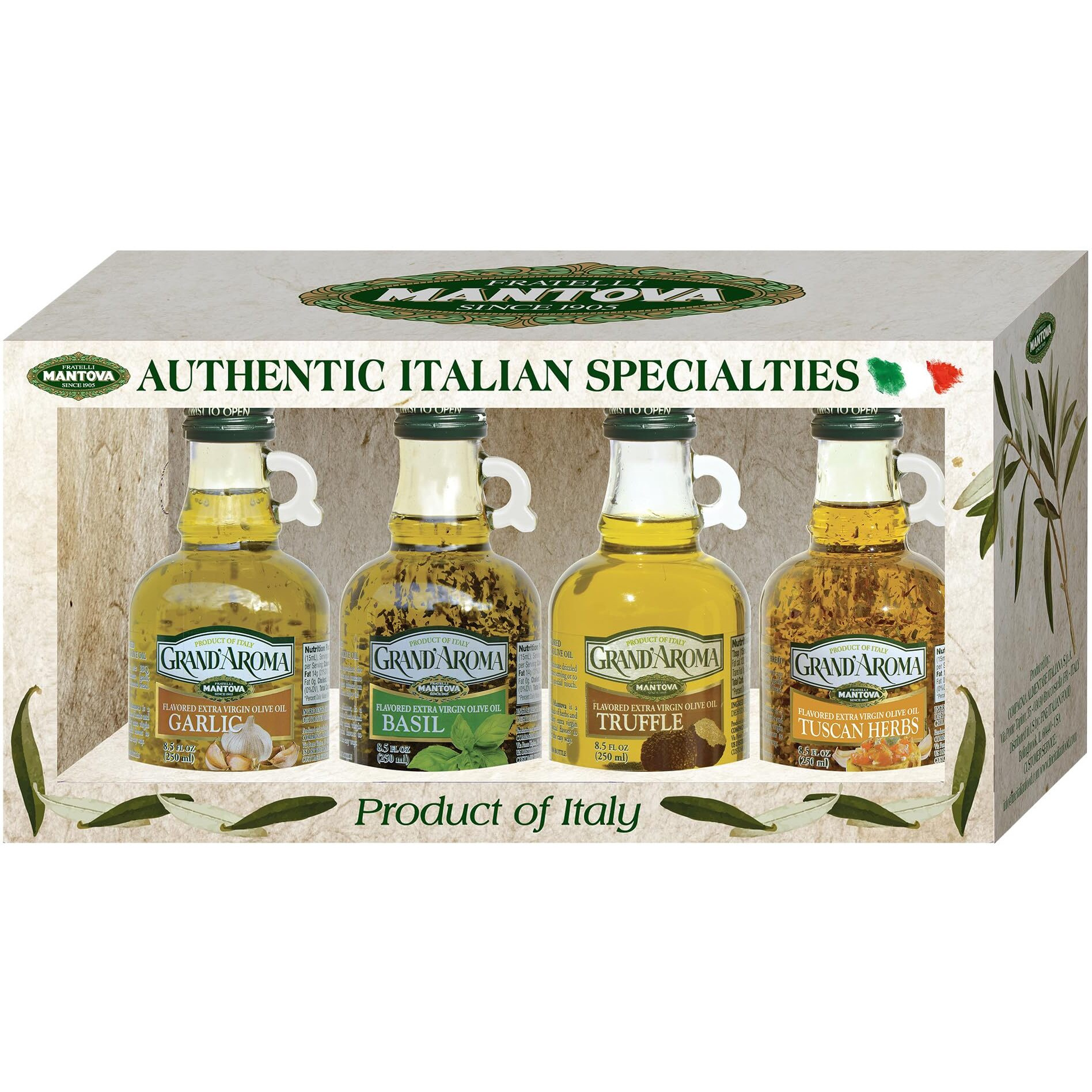 Mantova Grandaroma Flavored Extra Virgin Olive Oils, Variety Gift Set, Made In Italy, Cold-Pressed, 100% Natural, Heart-Healthy, For Grilling, Barbequing, Smoking, And Cooking, 8.5 Oz (Pack Of 4)