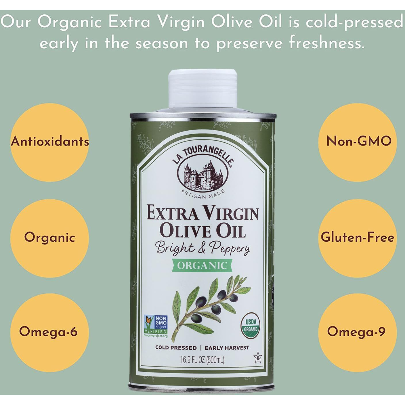 La Tourangelle, Organic Extra Virgin Olive Oil, Cold-Pressed High Antioxidant Picual Olives From Spain, 16.9 Fl Oz