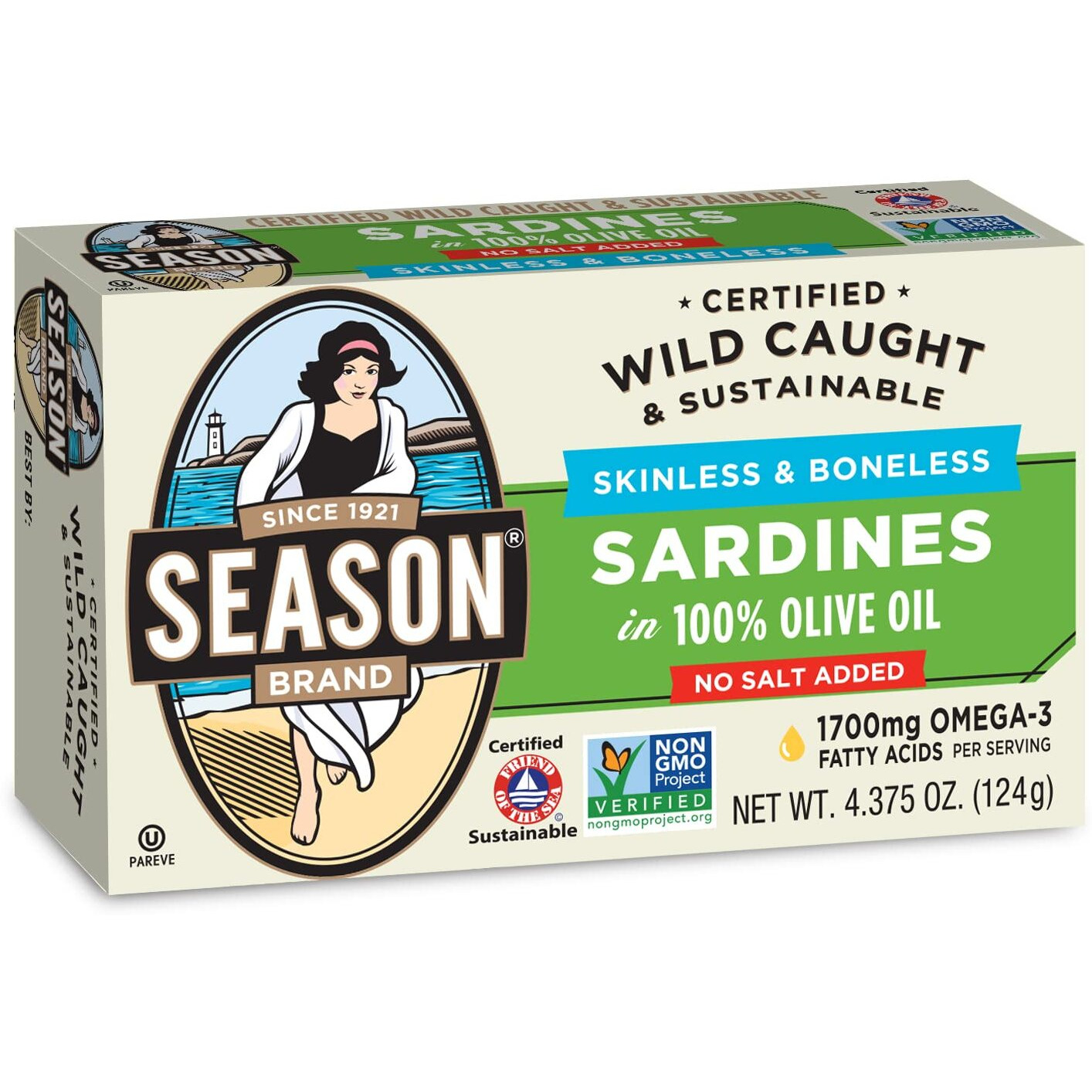Season Sardines In Olive Oil - Skinless & Boneless, No Salt Added, Wild Caught, 22G Of Protein, Keto Snacks, More Omega 3's Than Tuna, Kosher, High In Calcium, Canned Sardines - 4.37 Oz Tins, 12-Pack