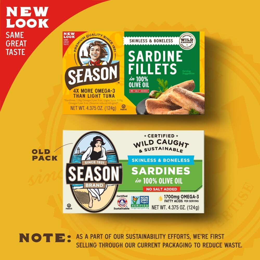Season Sardines In Olive Oil - Skinless & Boneless, No Salt Added, Wild Caught, 22G Of Protein, Keto Snacks, More Omega 3's Than Tuna, Kosher, High In Calcium, Canned Sardines - 4.37 Oz Tins, 12-Pack