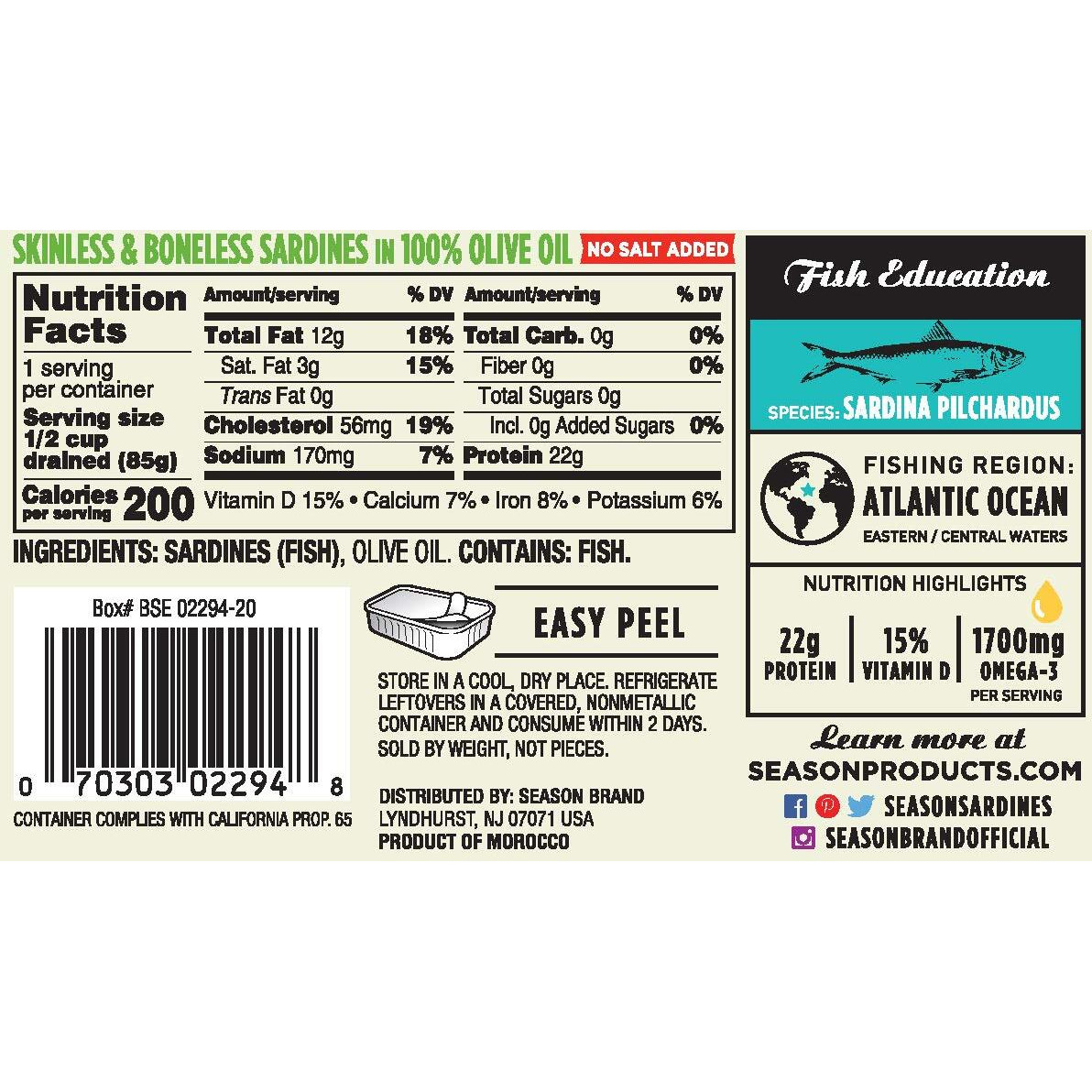 Season Sardines In Olive Oil - Skinless & Boneless, No Salt Added, Wild Caught, 22G Of Protein, Keto Snacks, More Omega 3's Than Tuna, Kosher, High In Calcium, Canned Sardines - 4.37 Oz Tins, 12-Pack