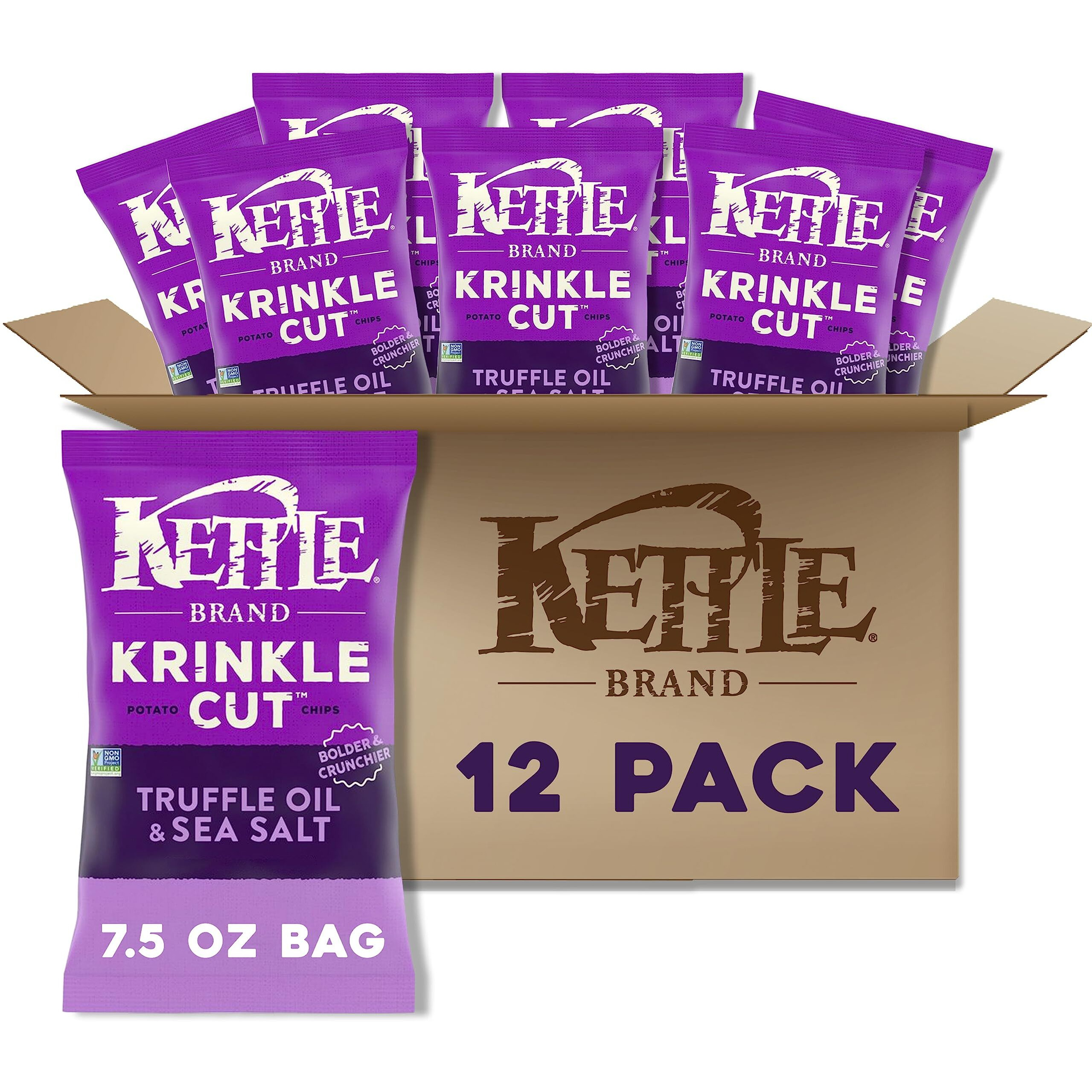 Kettle Brand Potato Chips, Krinkle Cut, Truffle Oil & Sea Salt Kettle Chips, 7.5 Oz (Pack Of 12)
